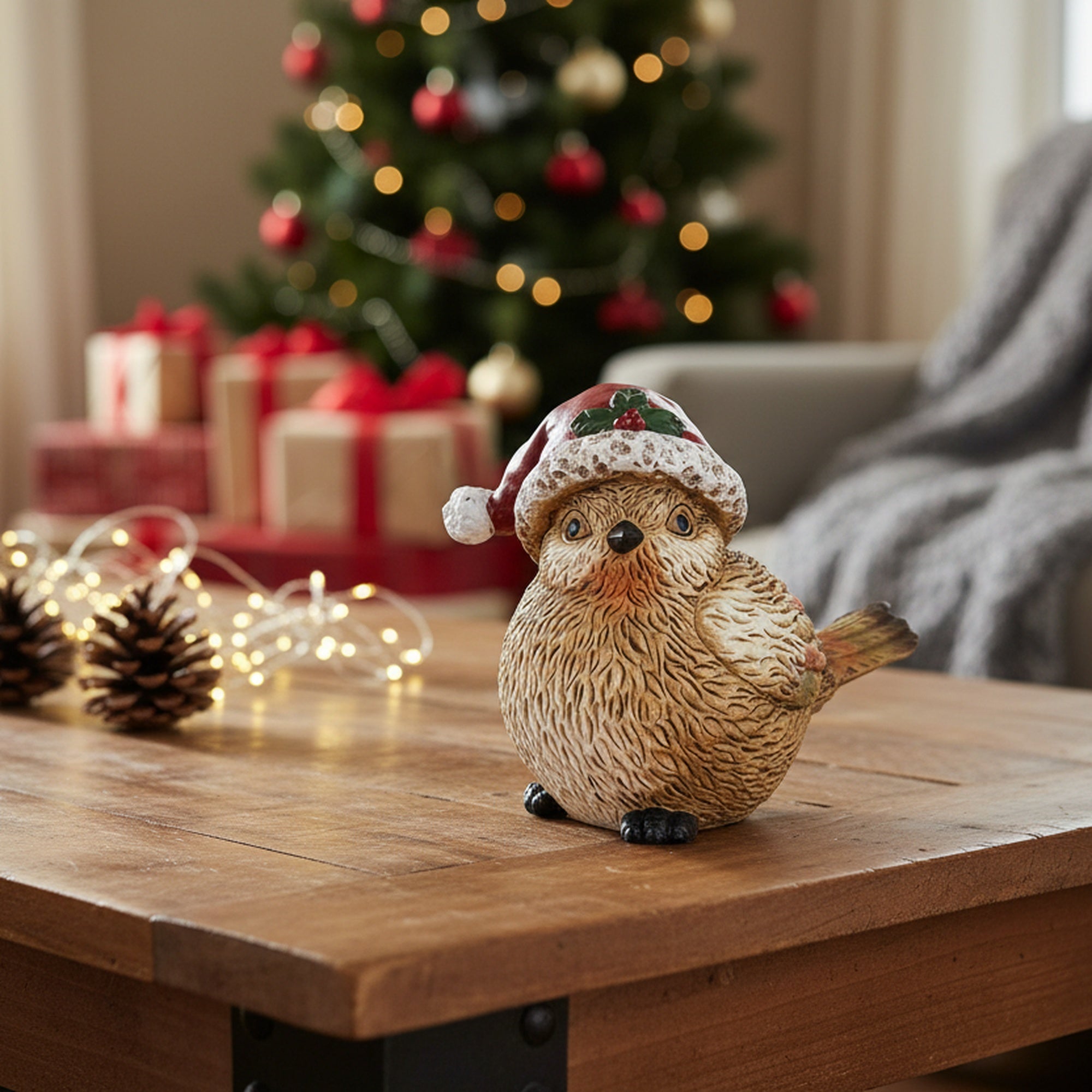 Polyresin Bird with Santa Hat 4", Christmas, Holiday Decor- Set of 2
