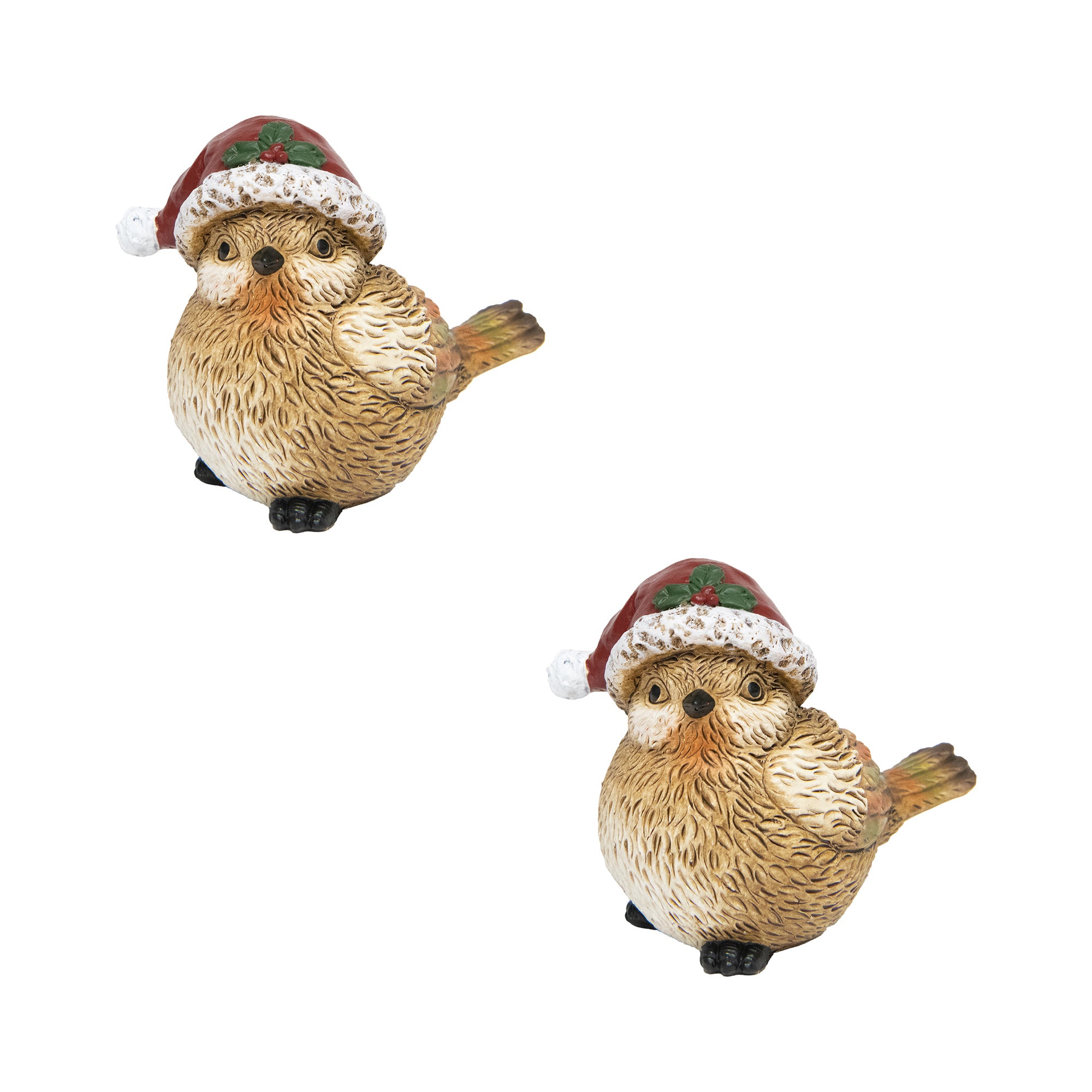 Polyresin Bird with Santa Hat 4", Christmas, Holiday Decor- Set of 2