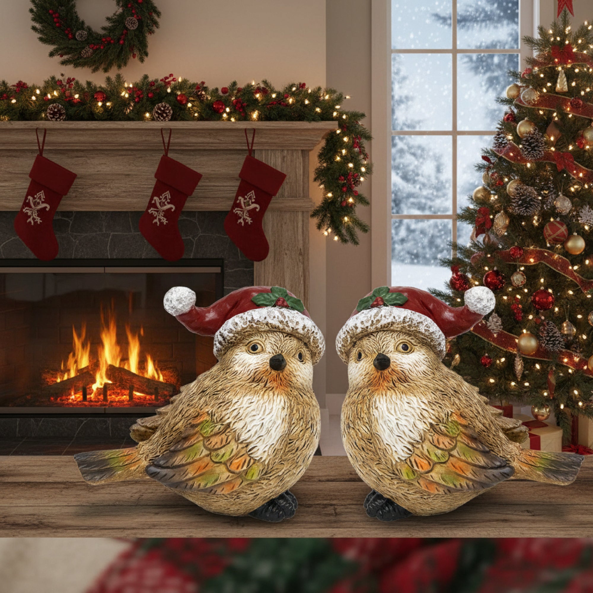 Polyresin Bird with Santa Hat 5.75", Christmas, Holiday Decor- Set of 2