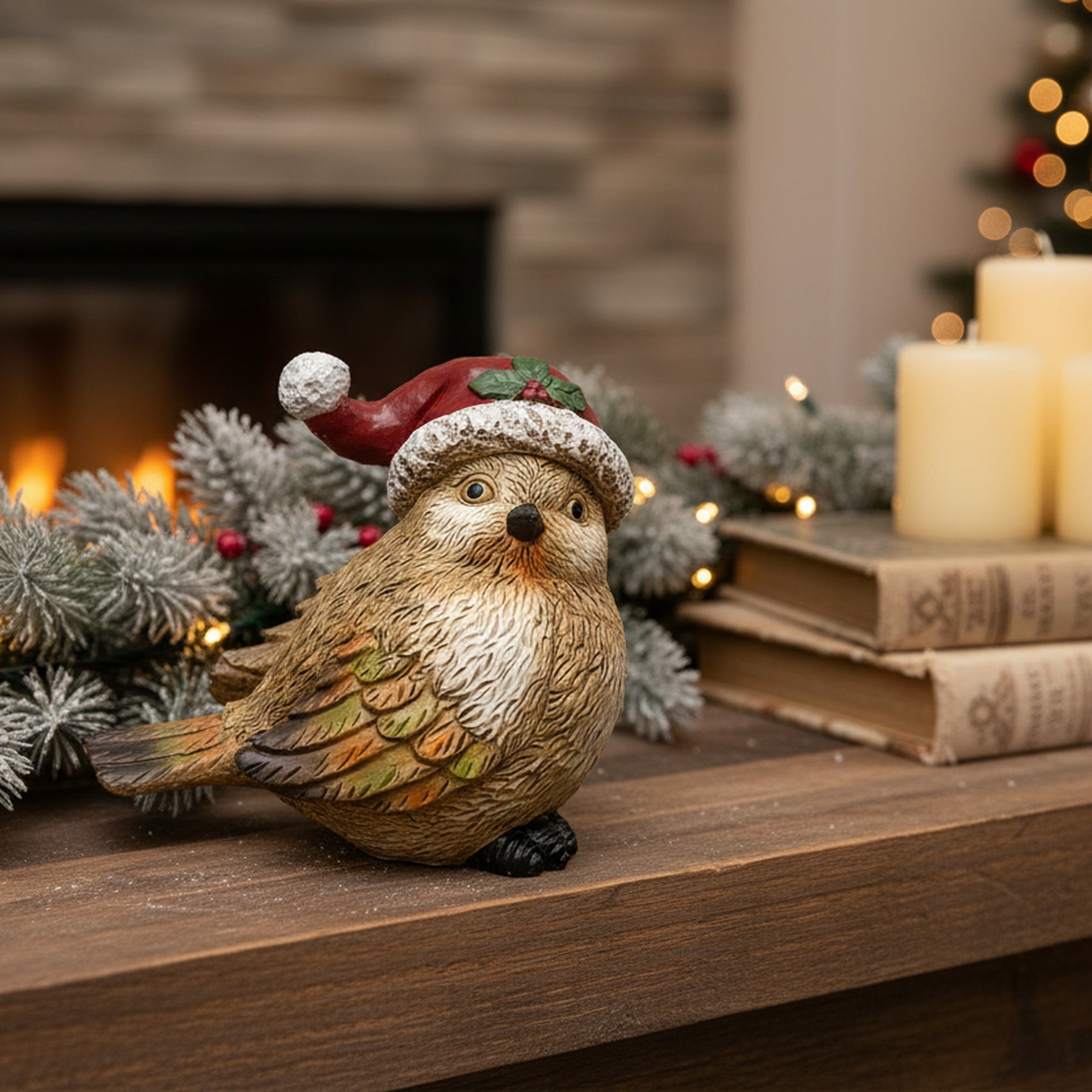Polyresin Bird with Santa Hat 5.75", Christmas, Holiday Decor- Set of 2