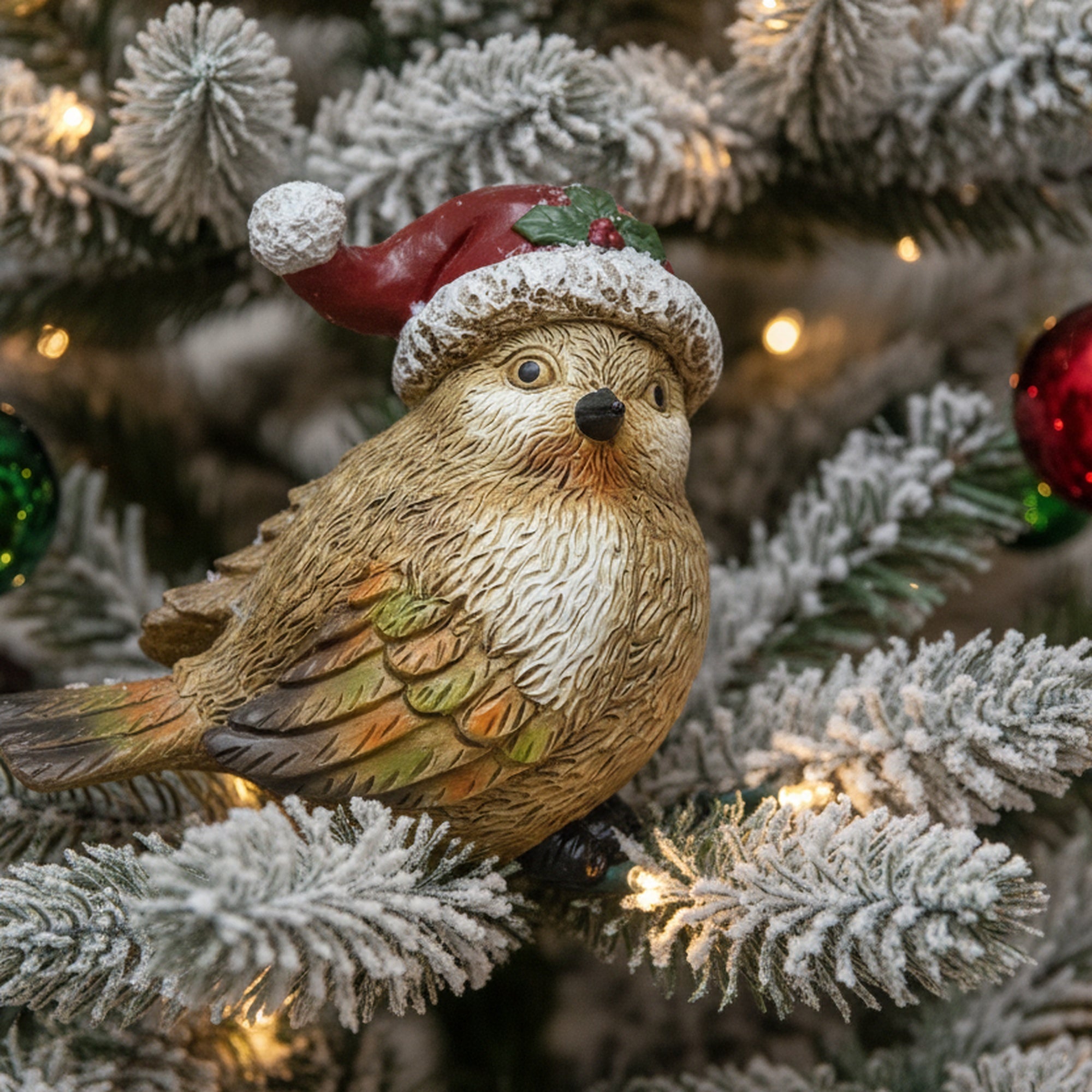 Polyresin Bird with Santa Hat 5.75", Christmas, Holiday Decor- Set of 2