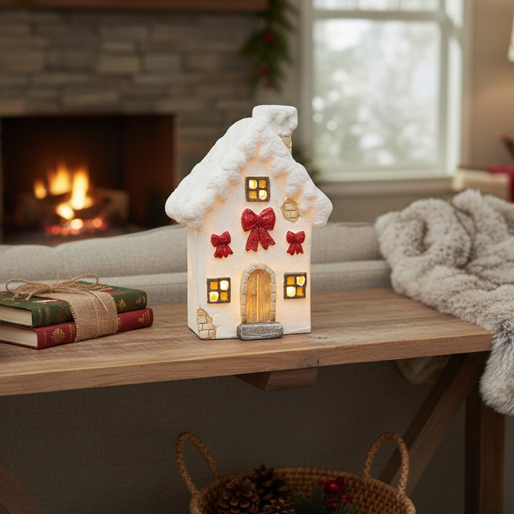 LED Polyresin White House with Bows, Holiday Decor