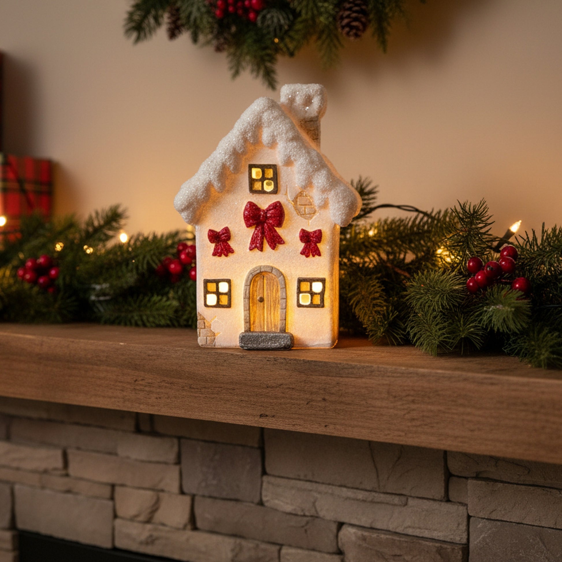 LED Polyresin White House with Bows, Holiday Decor