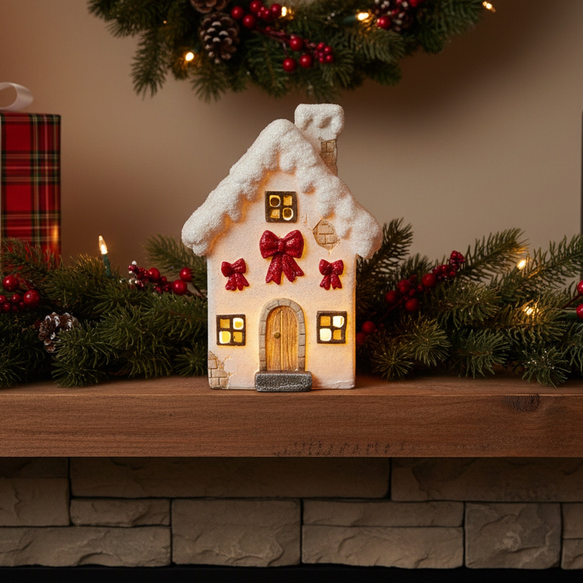 LED Polyresin White House with Bows, Holiday Decor