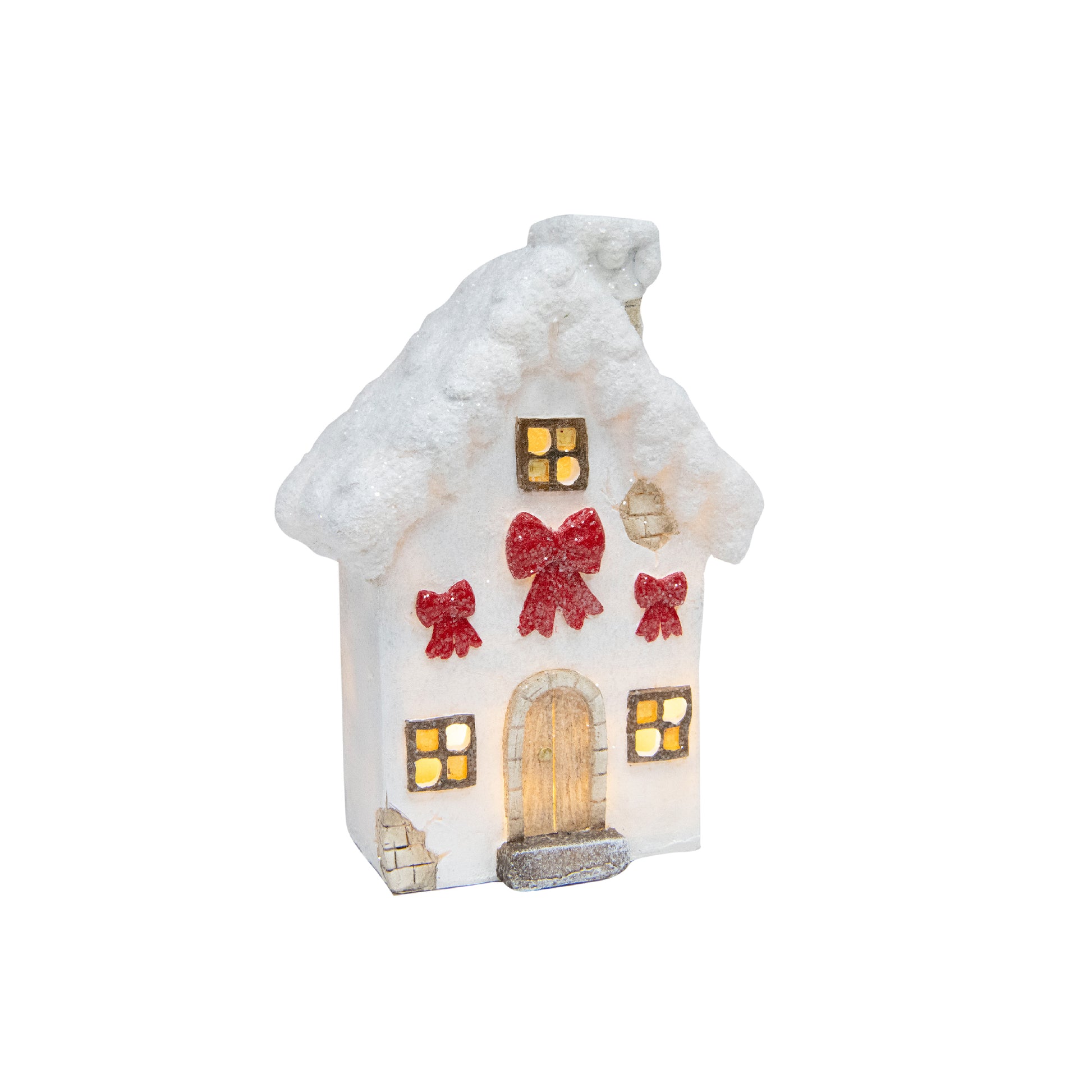 LED Polyresin White House with Bows, Holiday Decor