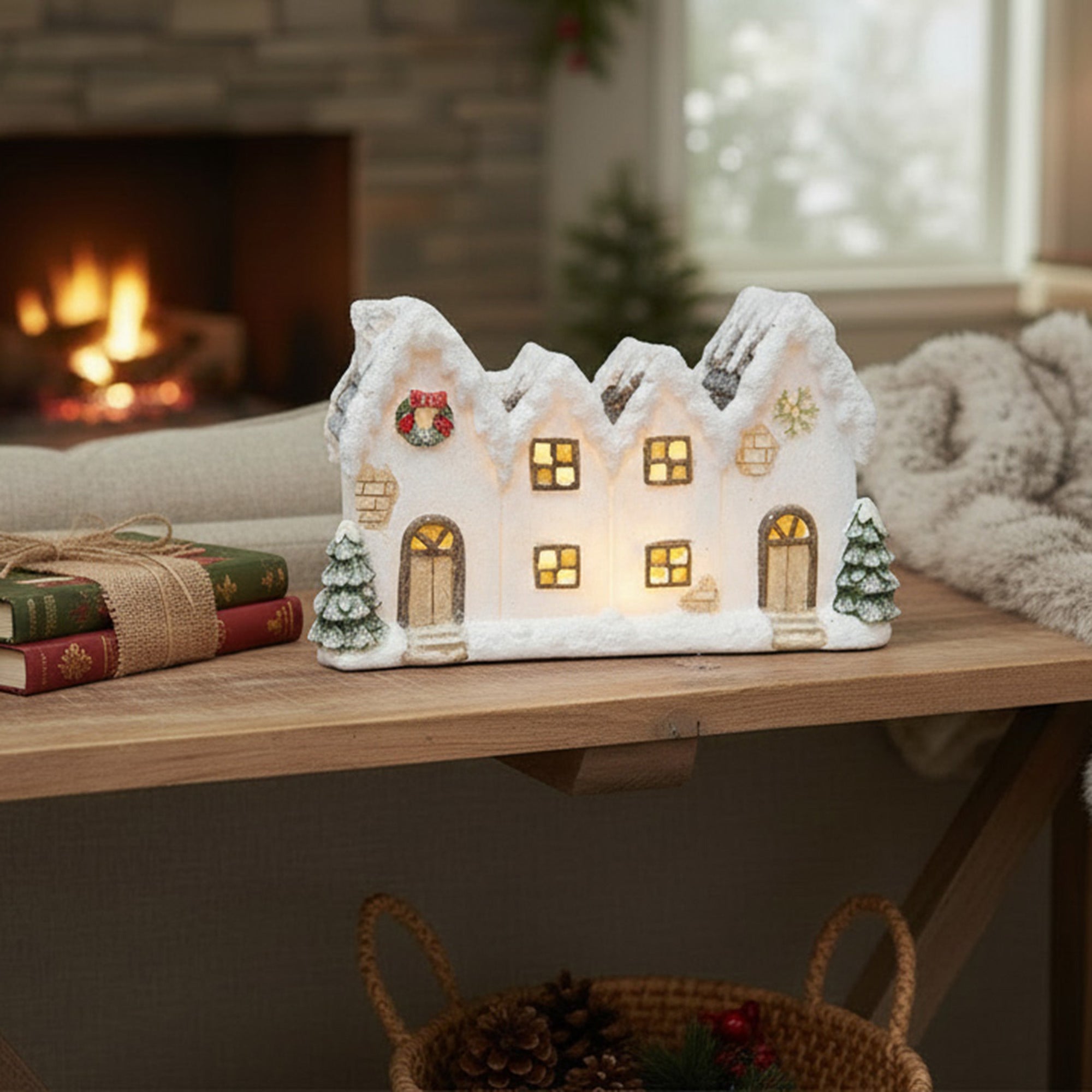 LED Polyresin White Village with Trees, Village Decor, Holiday Decor