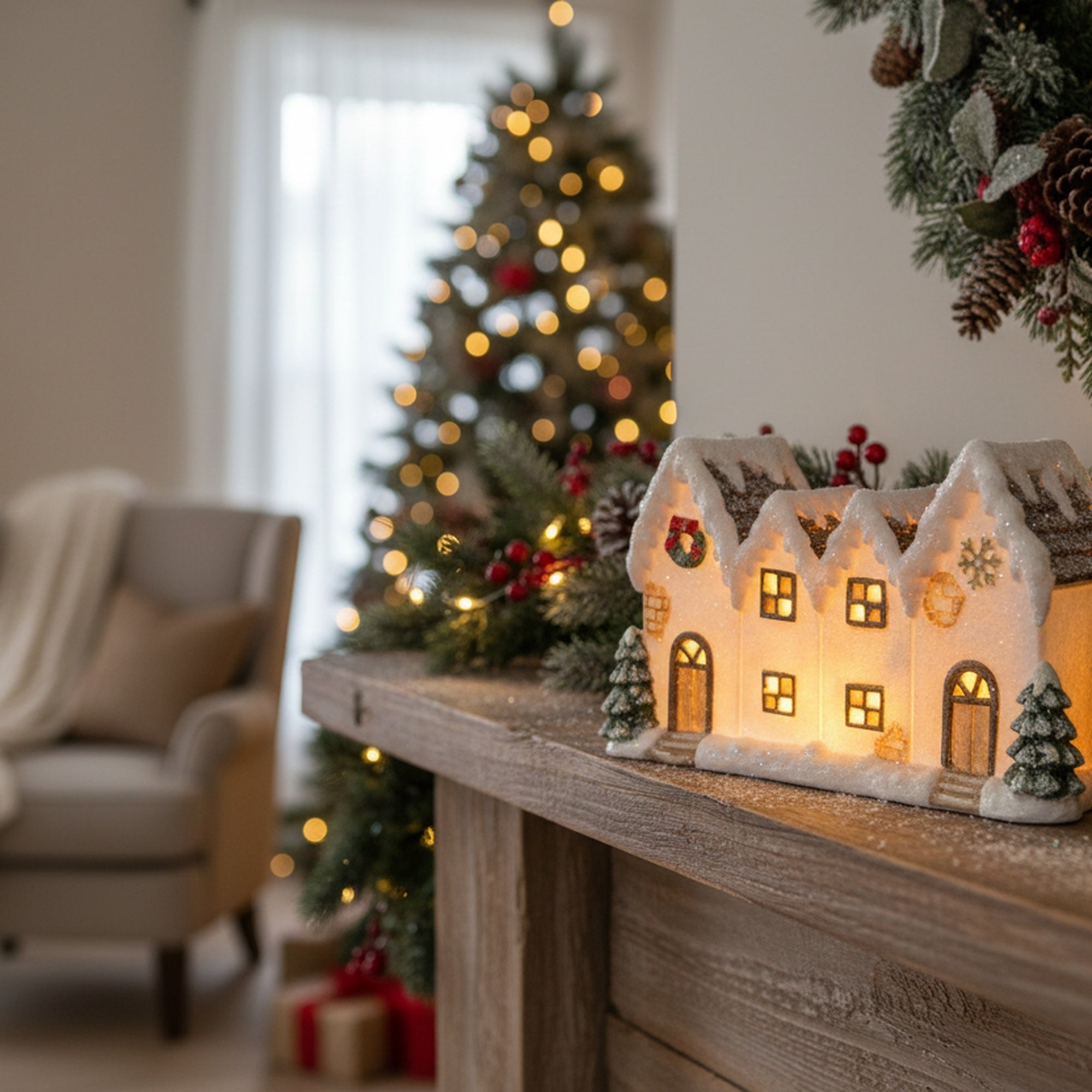 LED Polyresin White Village with Trees, Village Decor, Holiday Decor