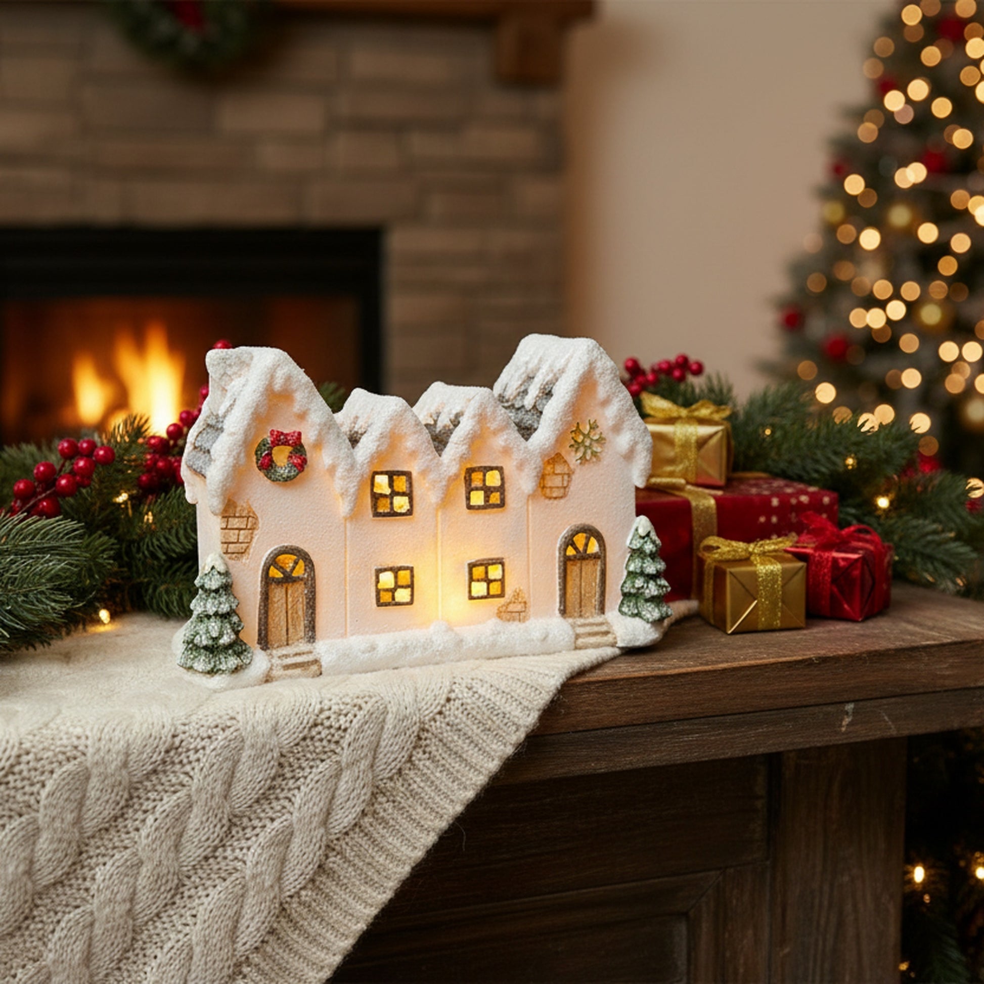LED Polyresin White Village with Trees, Village Decor, Holiday Decor