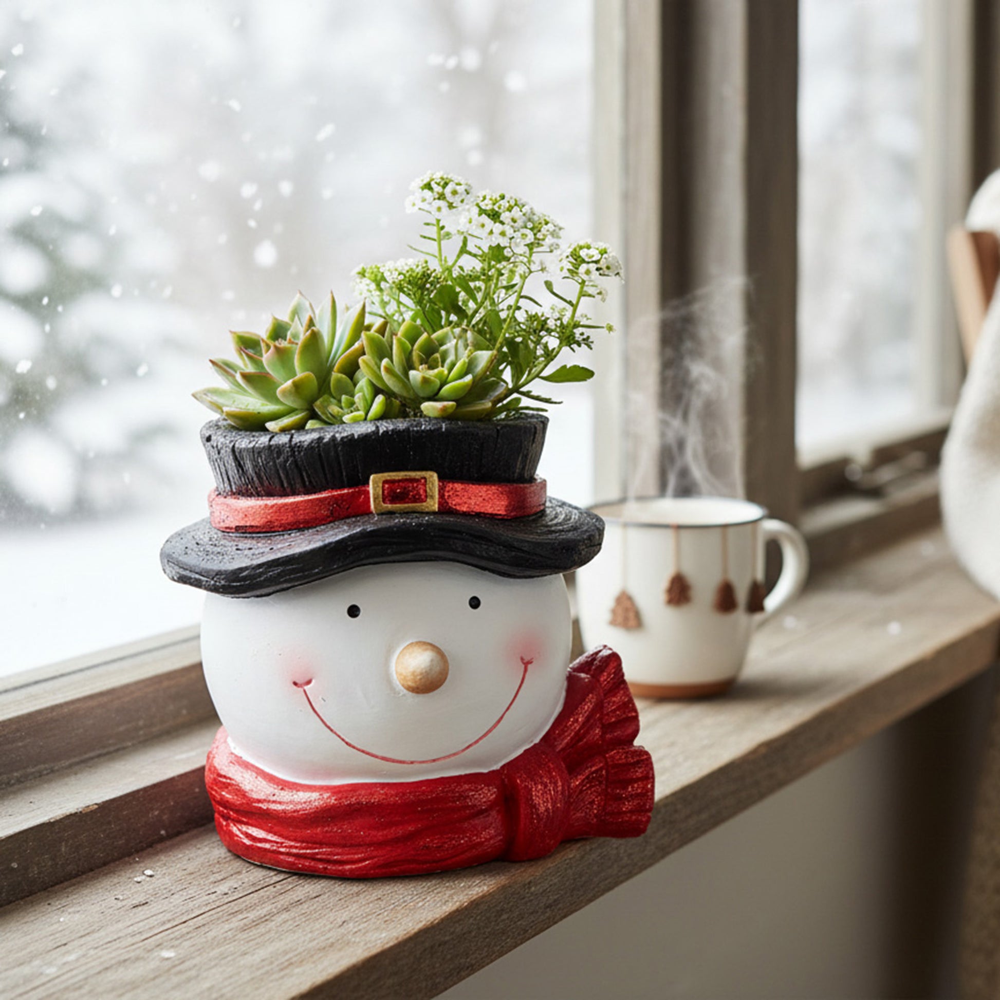 Magnesia Snowman with Top Hat Planter, Christmas, Planter, Holiday Decor