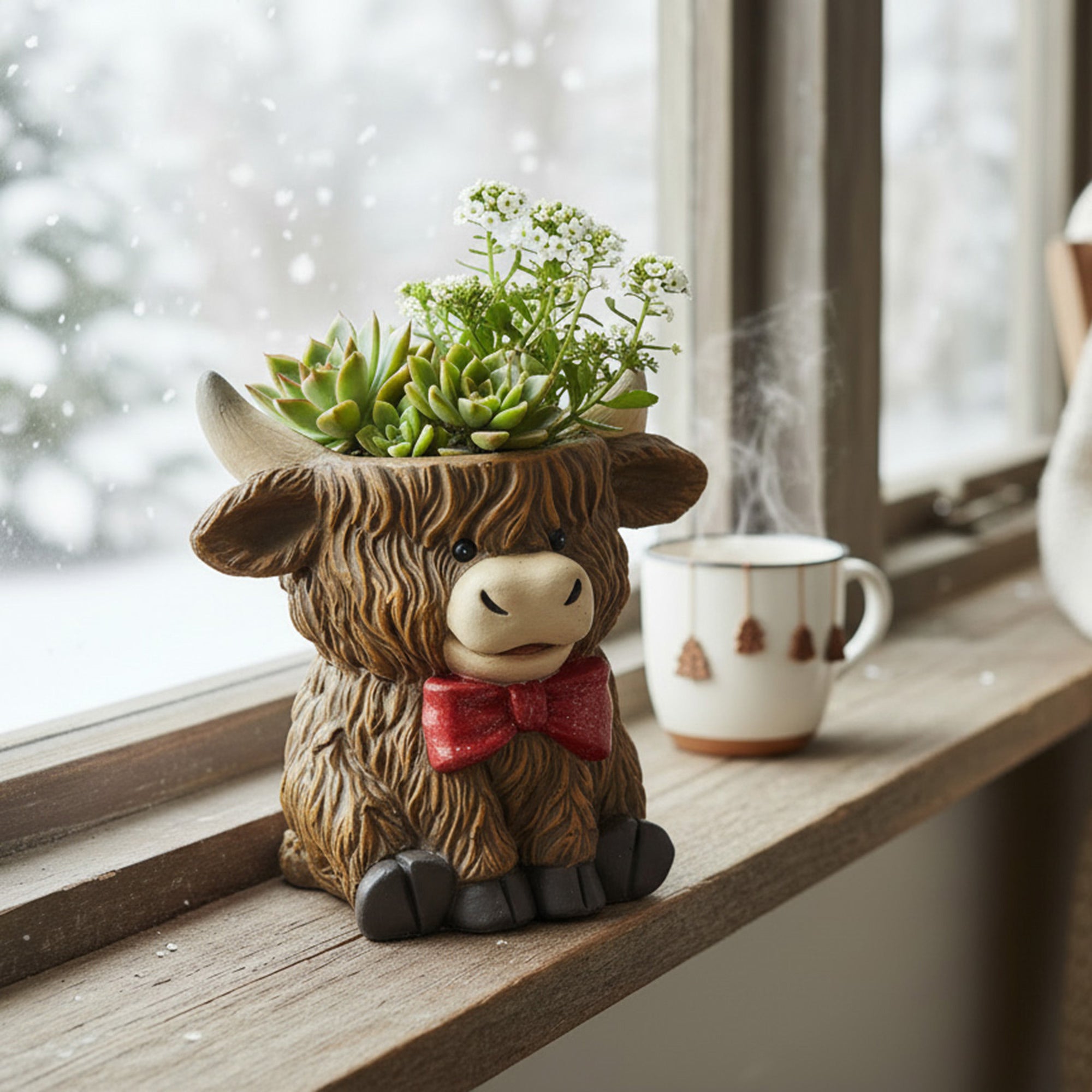 Magnesia Sitting Highland Cow with Bow Planter, Planter, Holiday Decor