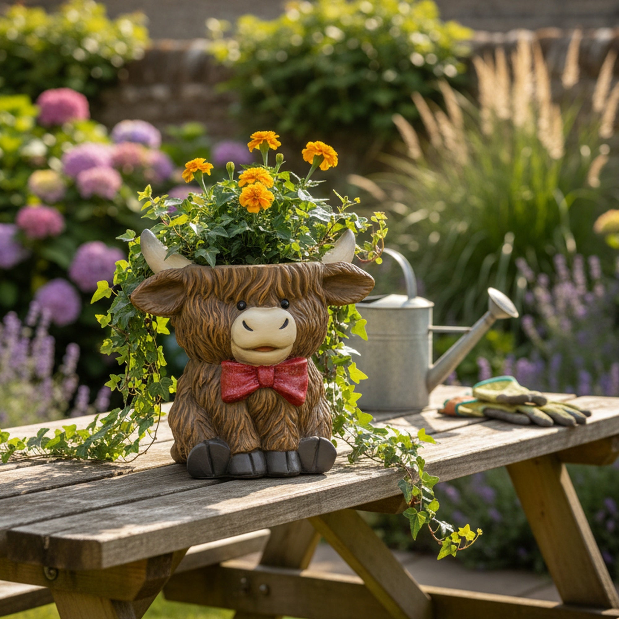 Magnesia Sitting Highland Cow with Bow Planter, Planter, Holiday Decor