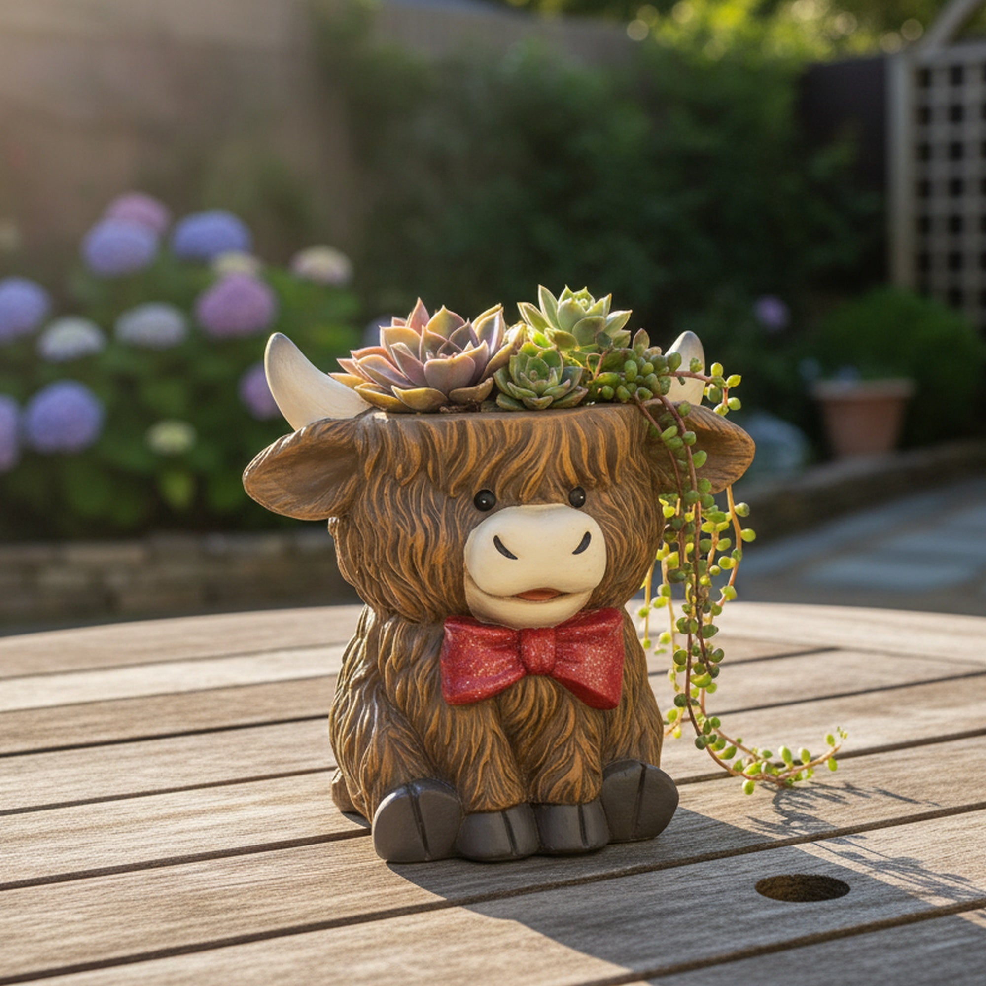 Magnesia Sitting Highland Cow with Bow Planter, Planter, Holiday Decor