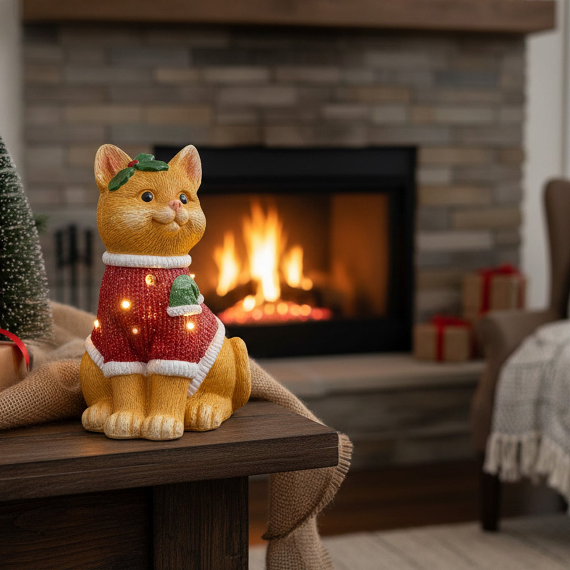 LED Magnesia Cat in Red Sweater, Holiday Decor