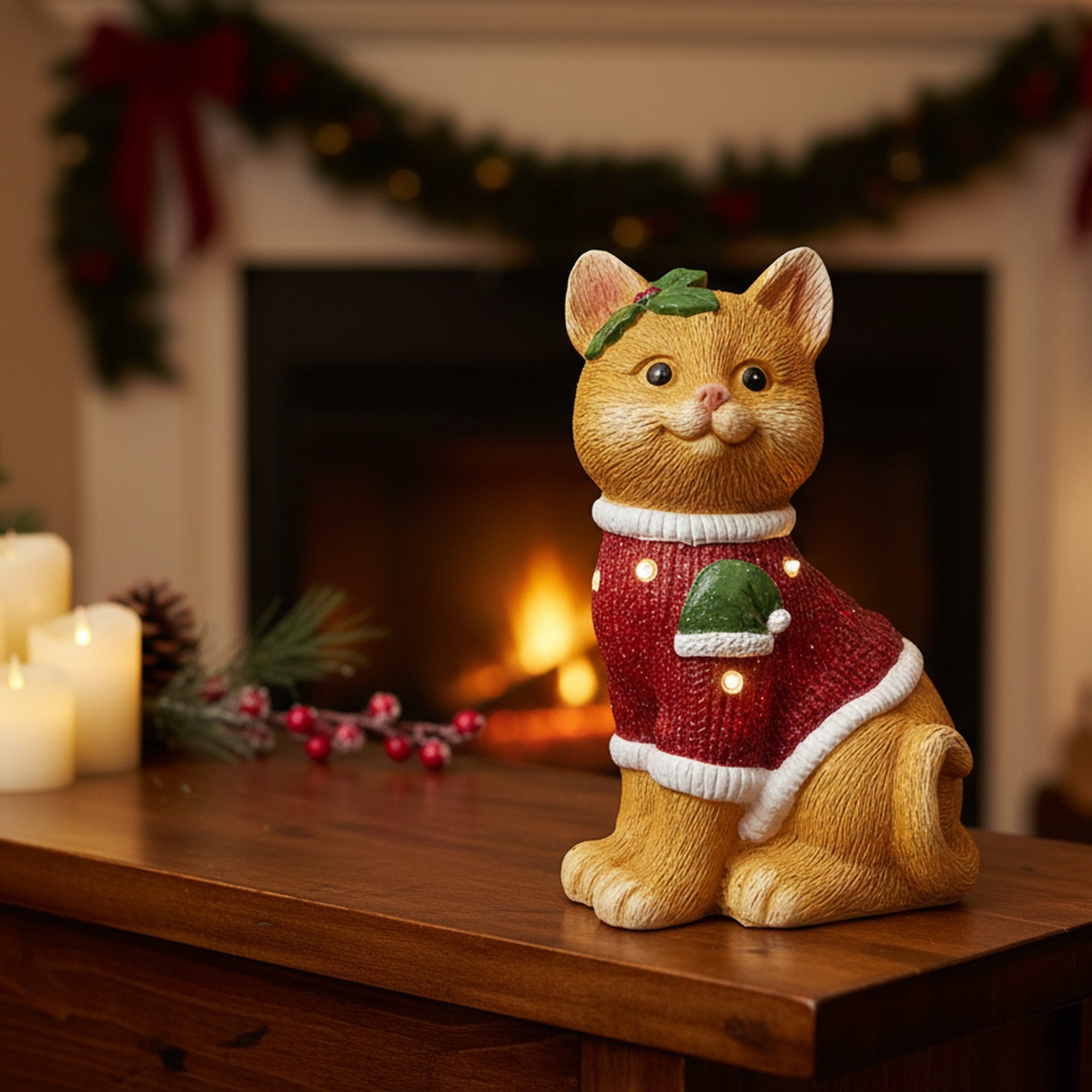 LED Magnesia Cat in Red Sweater, Holiday Decor