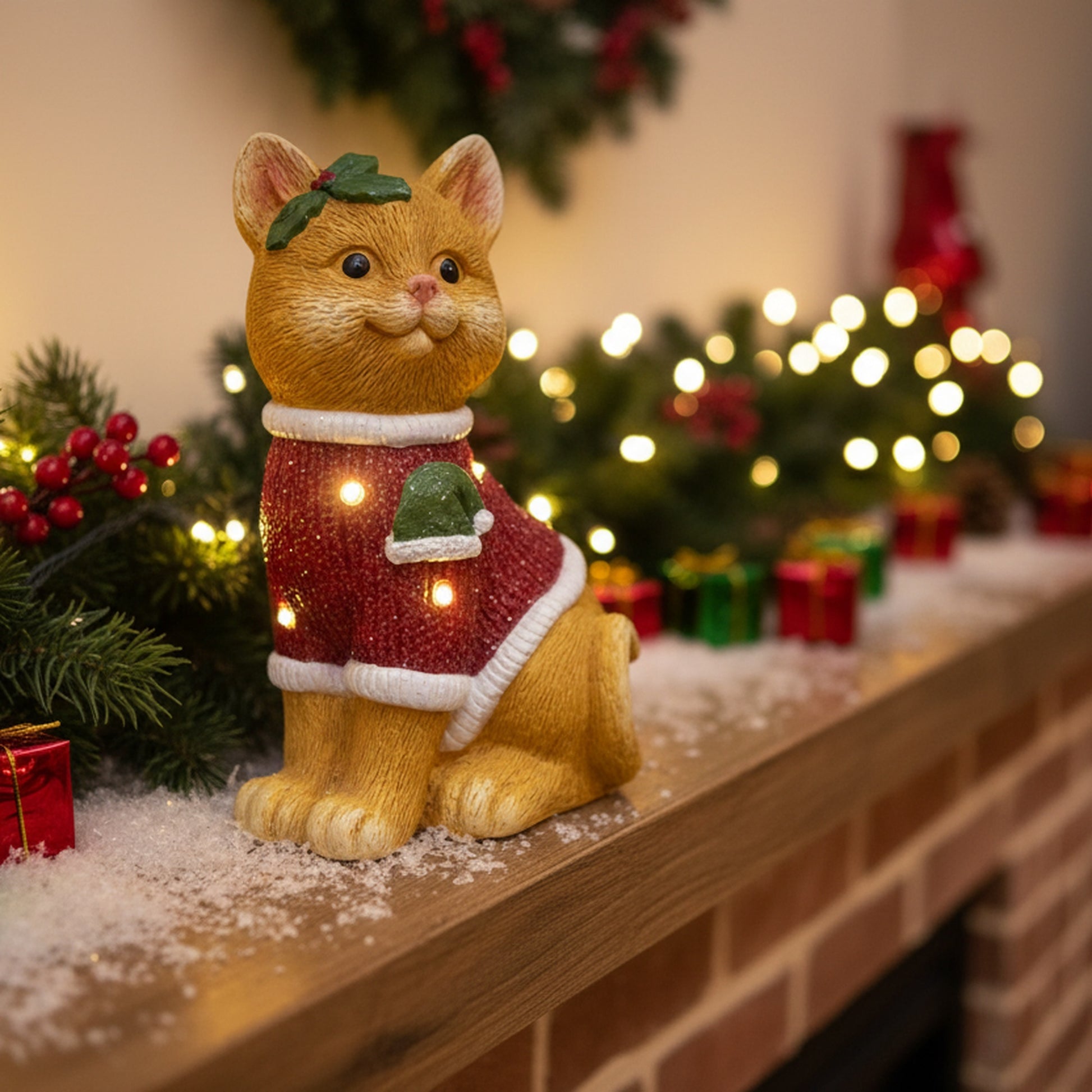 LED Magnesia Cat in Red Sweater, Holiday Decor