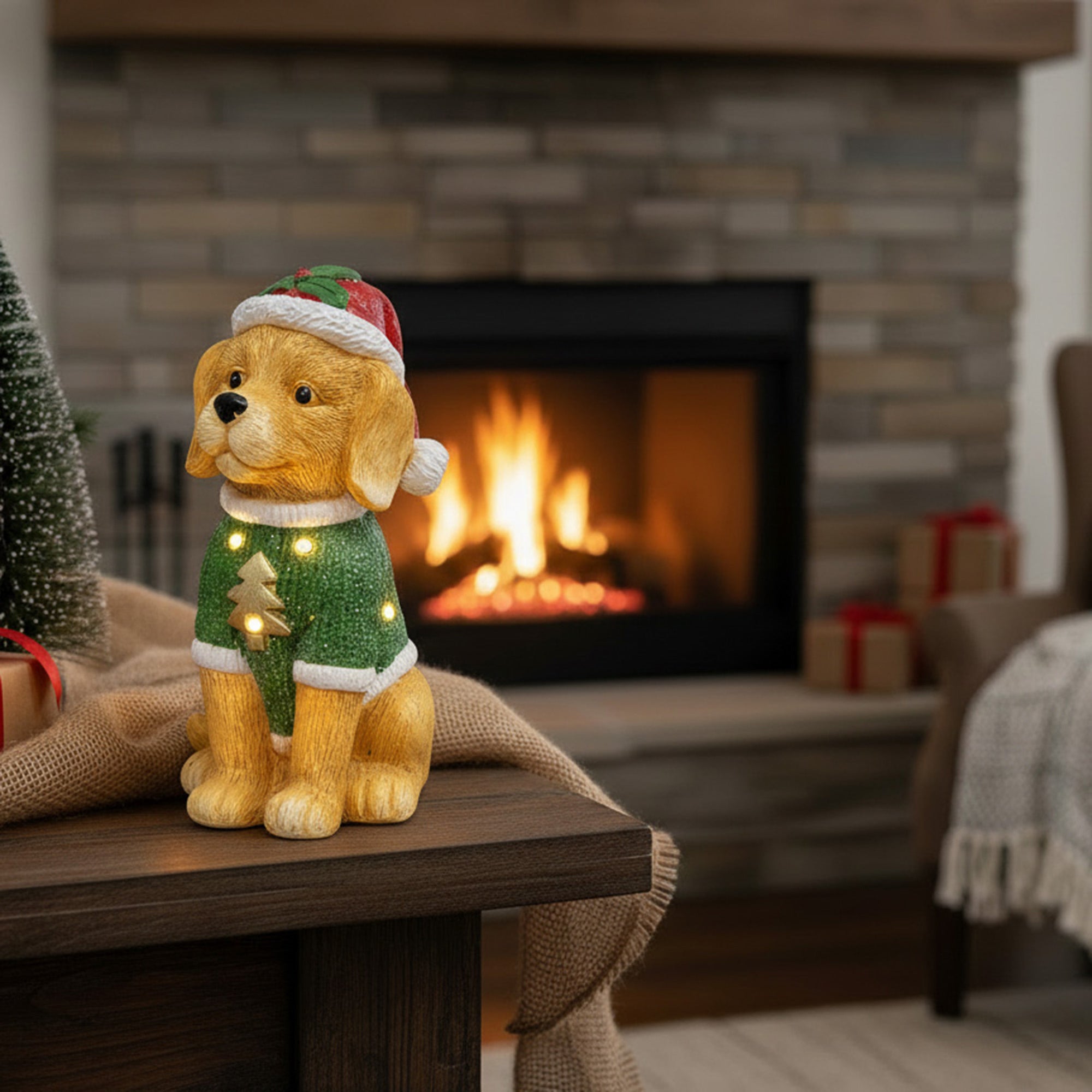 LED Magnesia Dog in Green Sweater, Holiday Decor