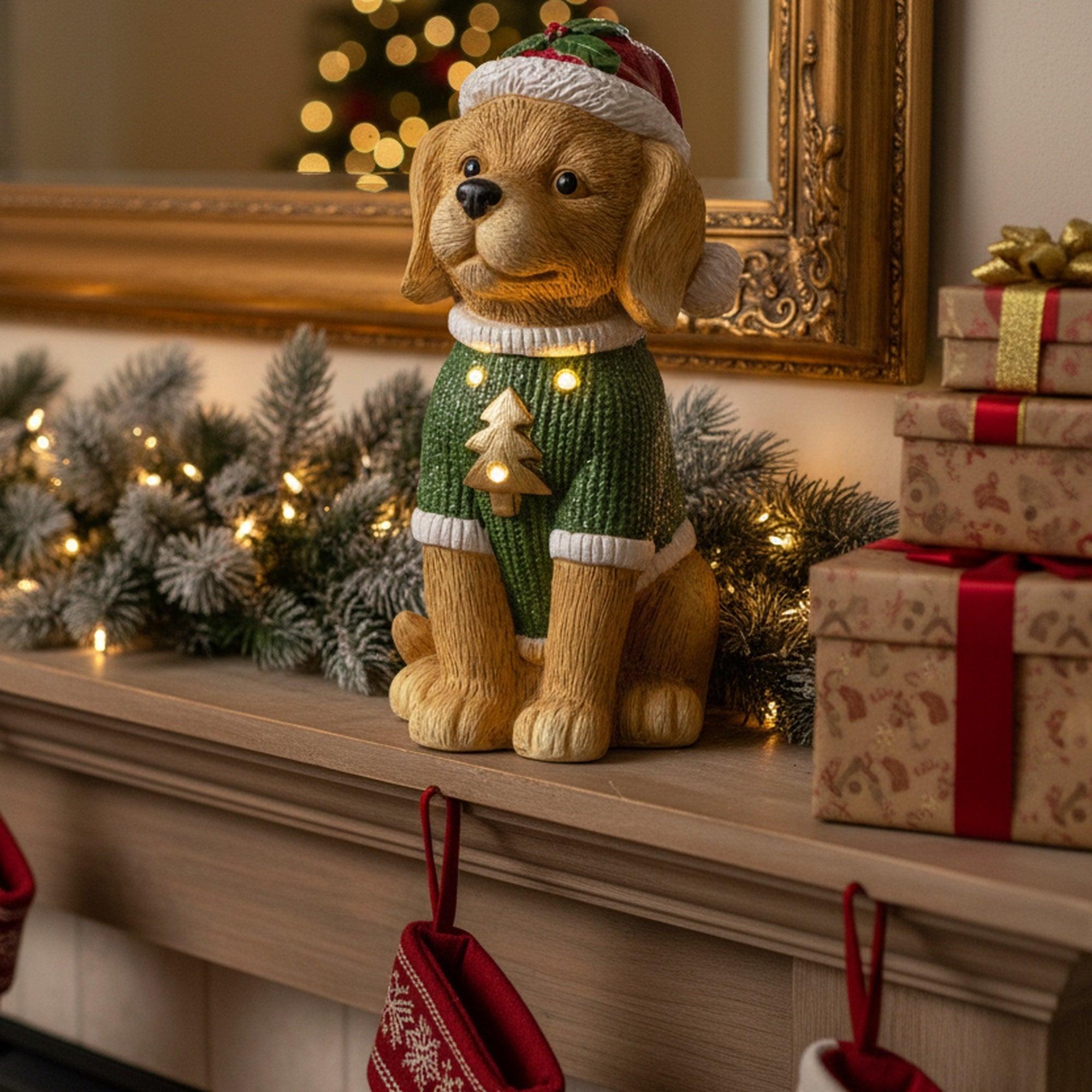 LED Magnesia Dog in Green Sweater, Holiday Decor