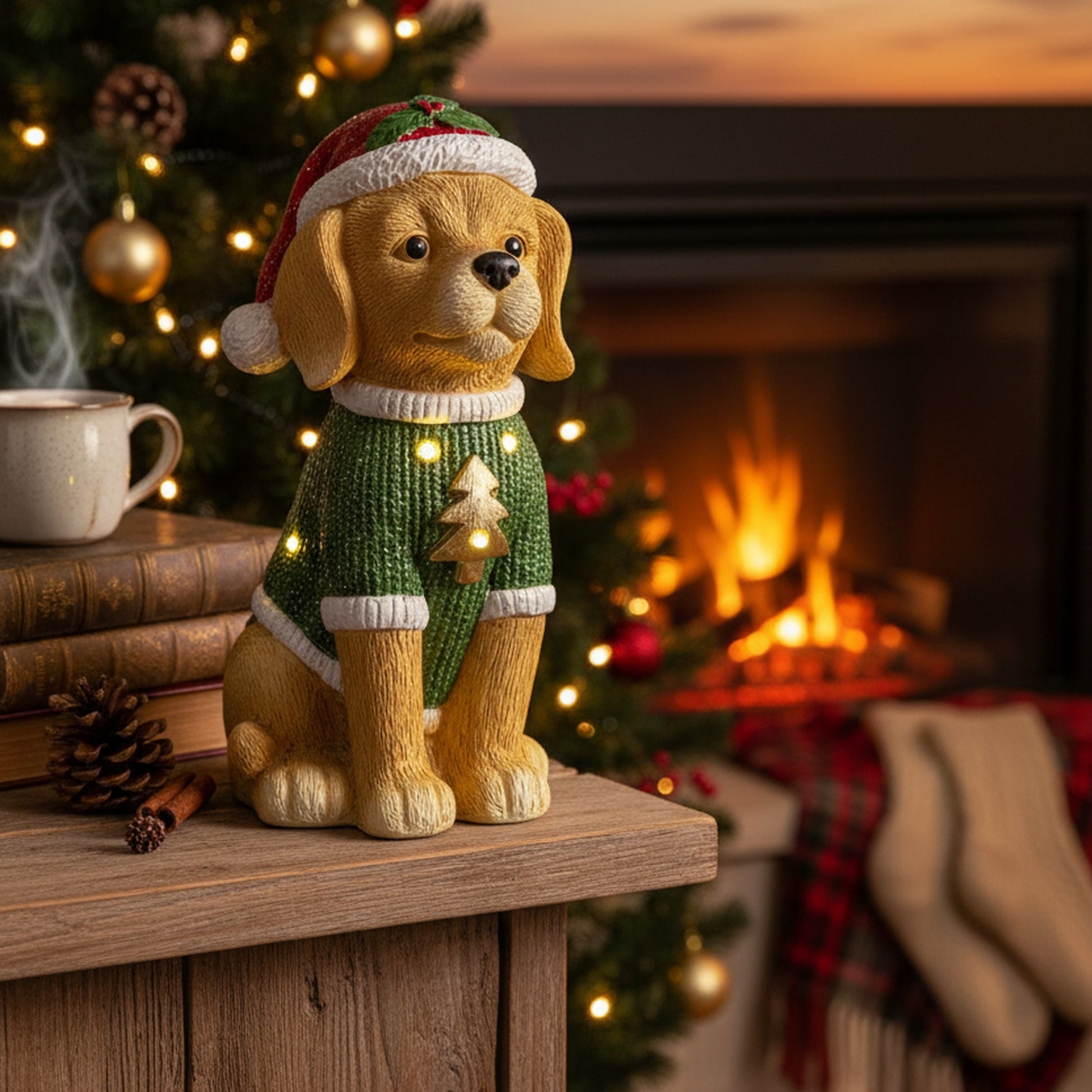 LED Magnesia Dog in Green Sweater, Holiday Decor