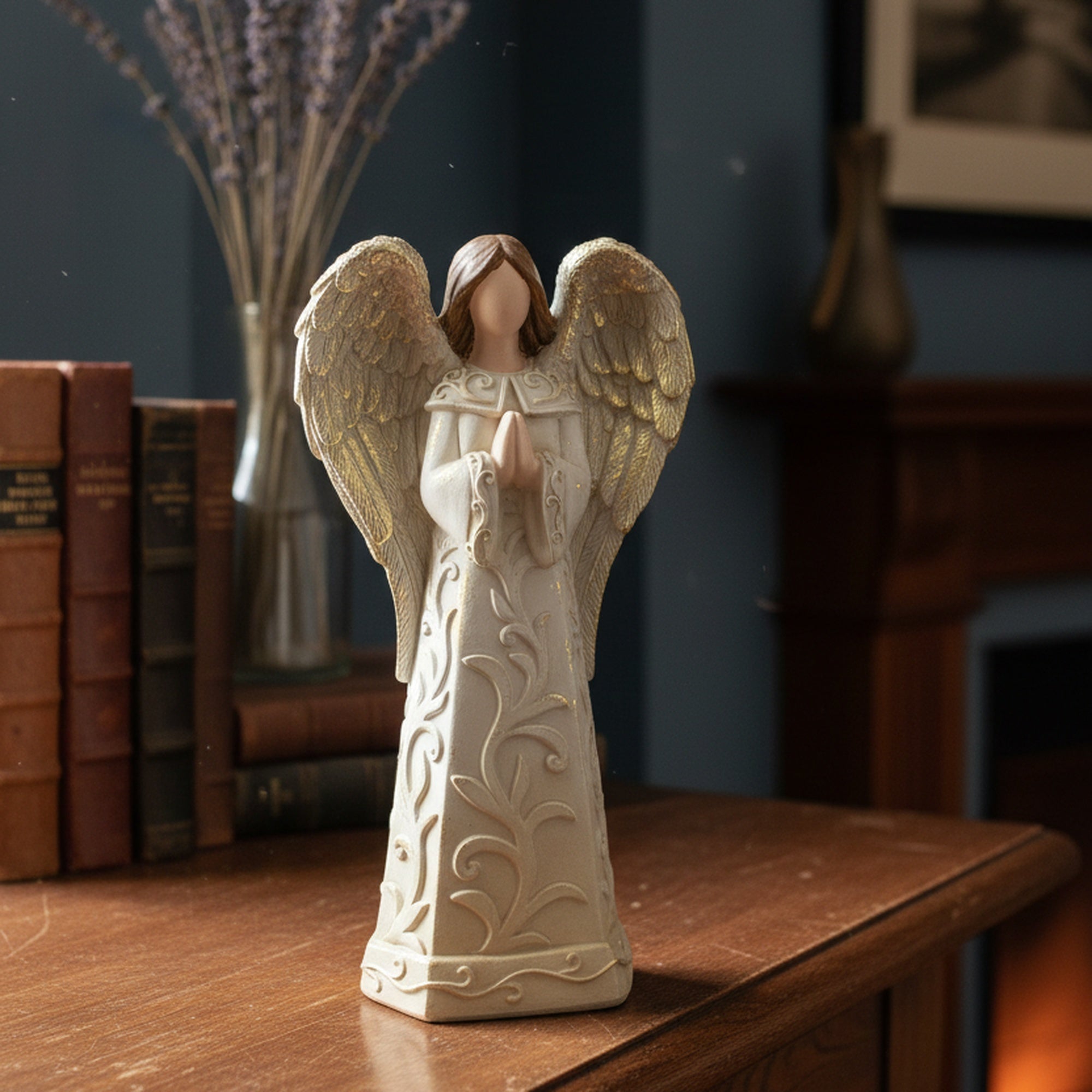 Polyresin Praying Angel with Ombre Gold Swirl, Holiday Decor