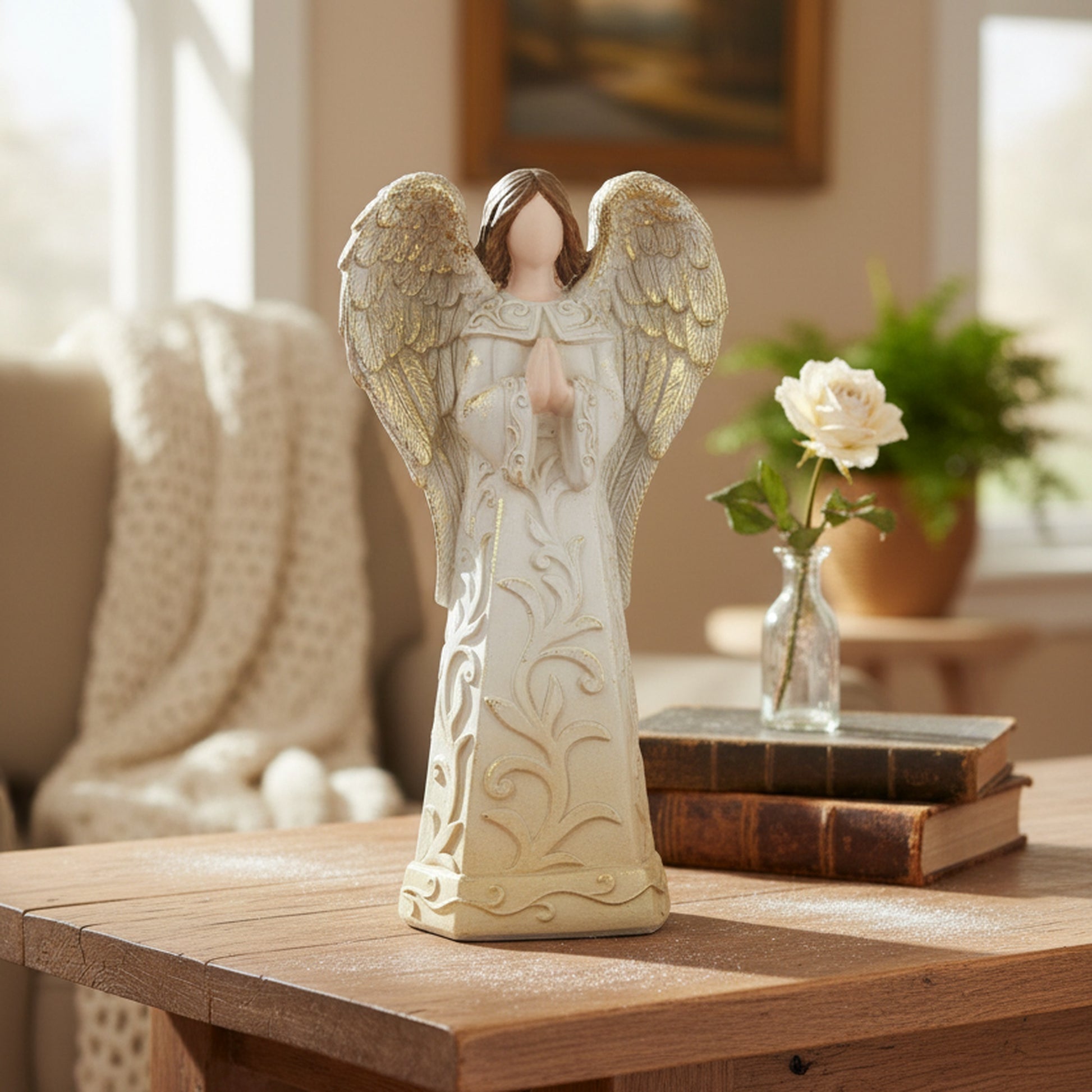 Polyresin Praying Angel with Ombre Gold Swirl, Holiday Decor