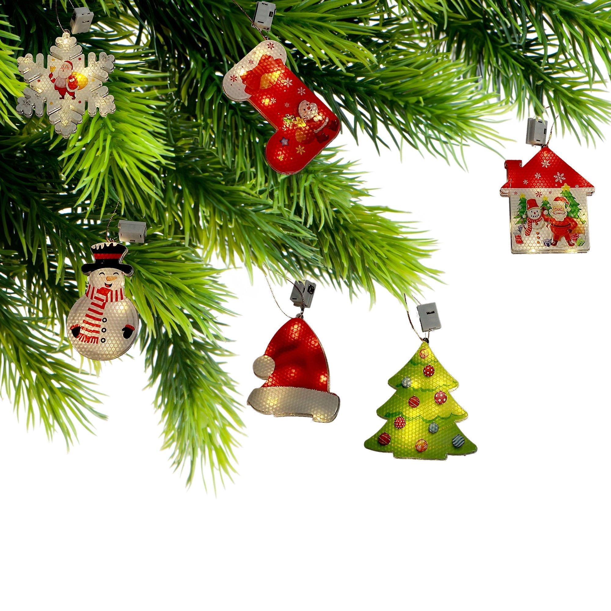 LED Acrylic Christmas Ornaments Assorted, Holiday Tree Decorations, Illuminated Acrylic Festive Ornaments, Set of 12