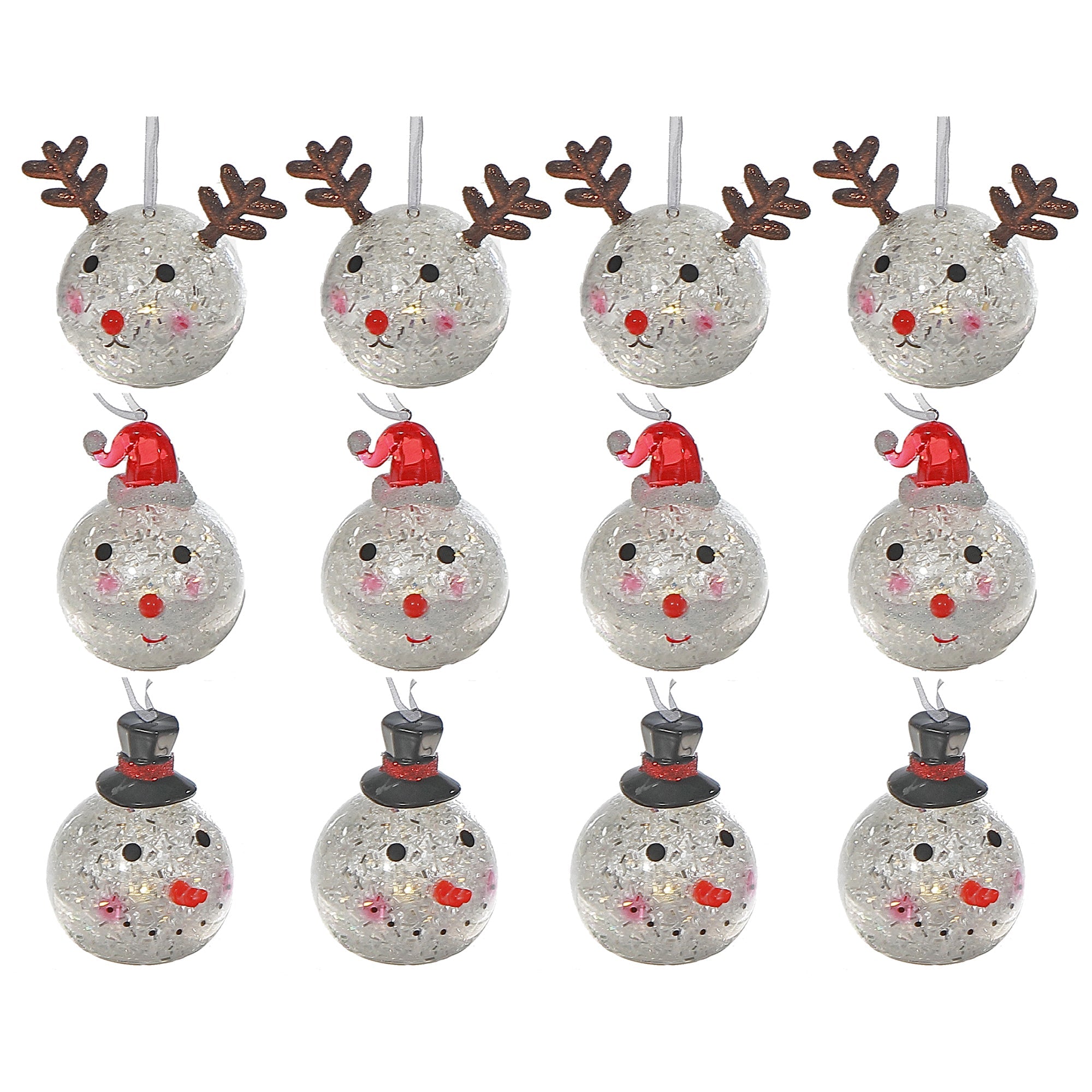 LED Round Face Christmas Ornaments Assorted, Holiday Tree Decorations, Illuminated Festive Ornaments, Set of 12