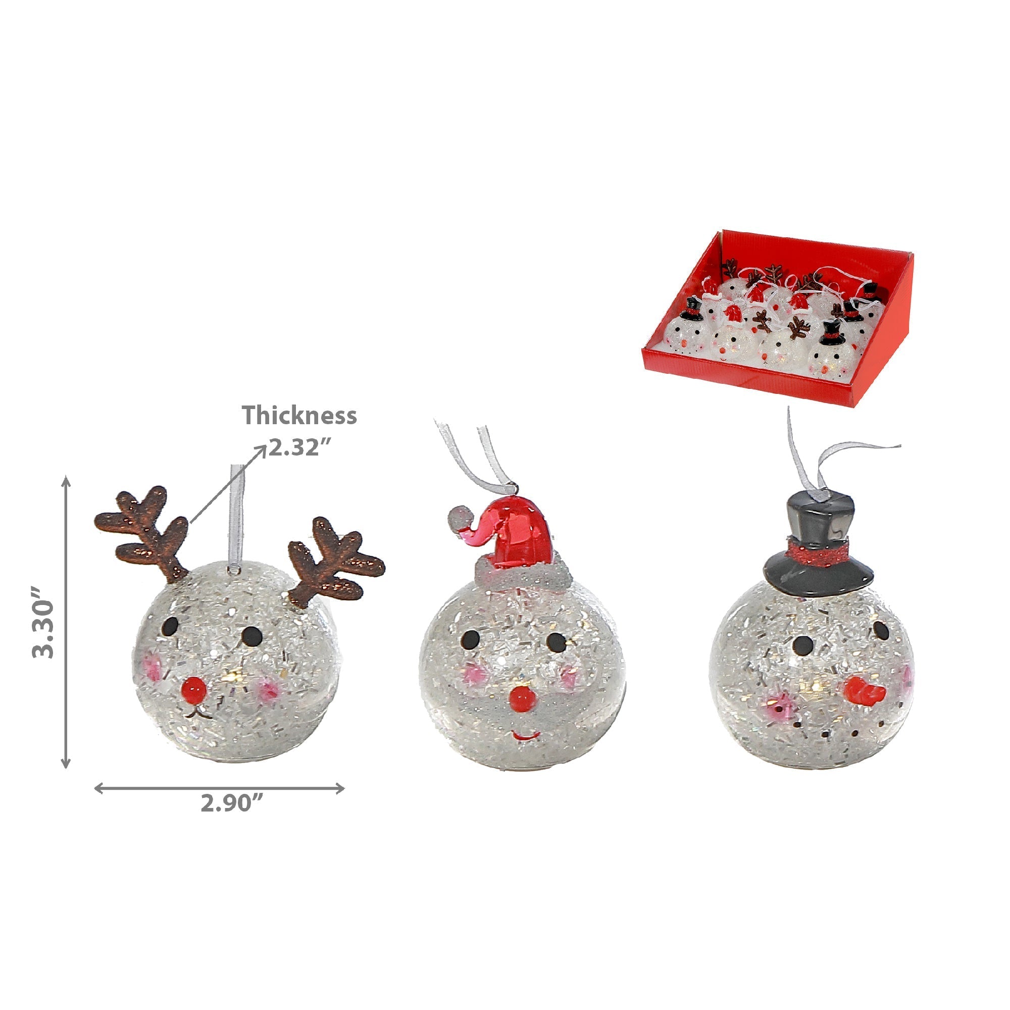 LED Round Face Christmas Ornaments Assorted, Holiday Tree Decorations, Illuminated Festive Ornaments, Set of 12