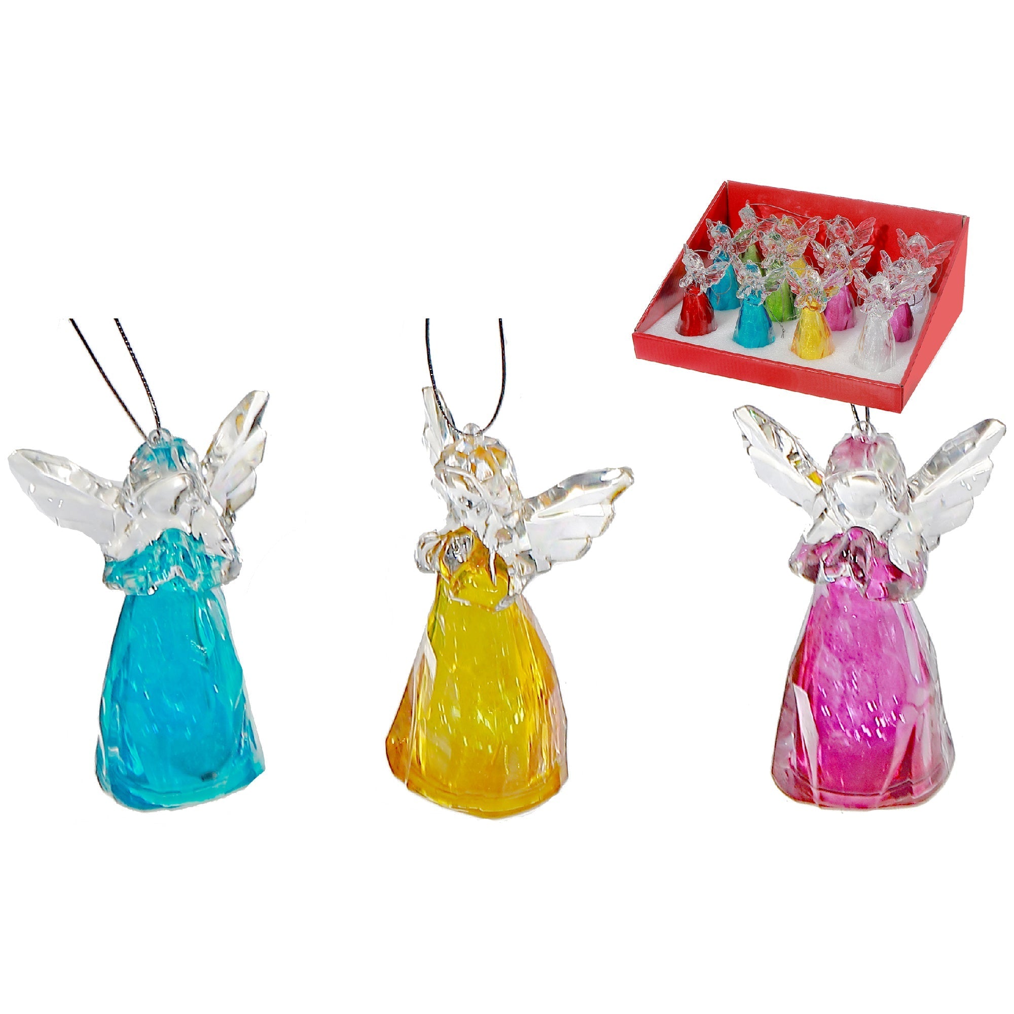 LED Acrylic Angel Christmas Ornaments Assorted, Holiday Tree Decorations, Illuminated Festive Angel Ornaments, Set of 12