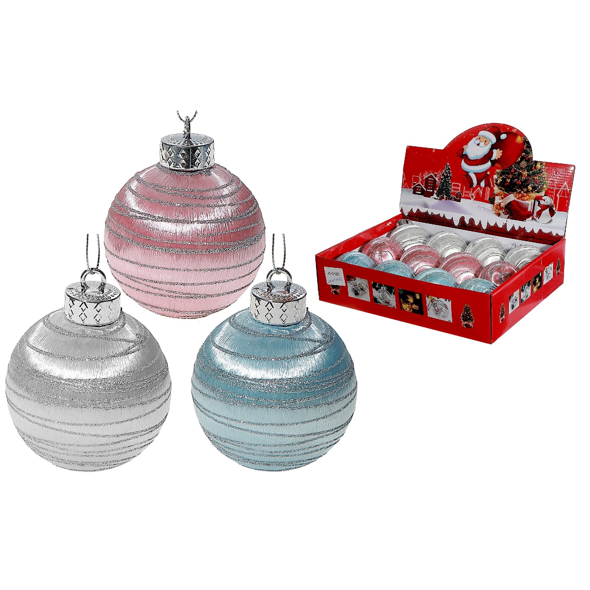 Satin Glitter Striped Ornaments, Assorted Christmas Tree Decorations, Festive Sparkly Holiday Ornaments, Set of 12