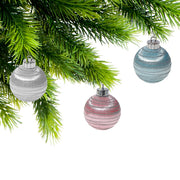 Satin Glitter Striped Ornaments, Assorted Christmas Tree Decorations, Festive Sparkly Holiday Ornaments, Set of 12