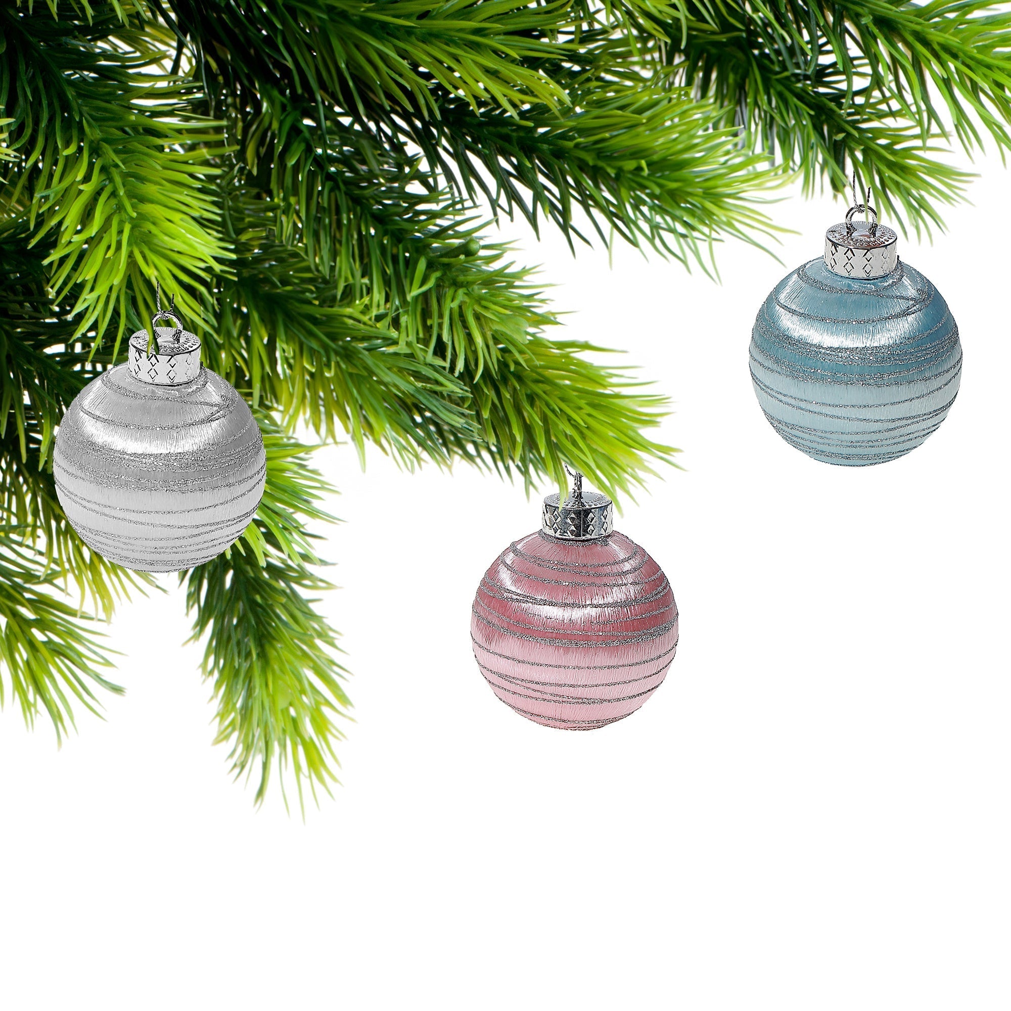 Satin Glitter Striped Ornaments, Assorted Christmas Tree Decorations, Festive Sparkly Holiday Ornaments, Set of 12