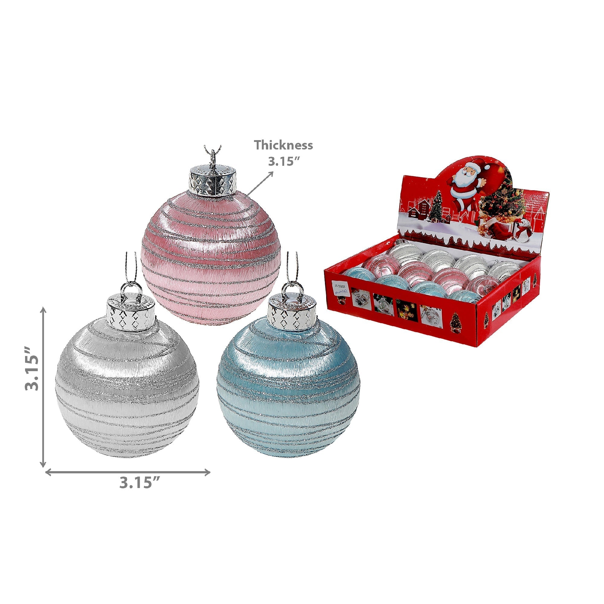 Satin Glitter Striped Ornaments, Assorted Christmas Tree Decorations, Festive Sparkly Holiday Ornaments, Set of 12
