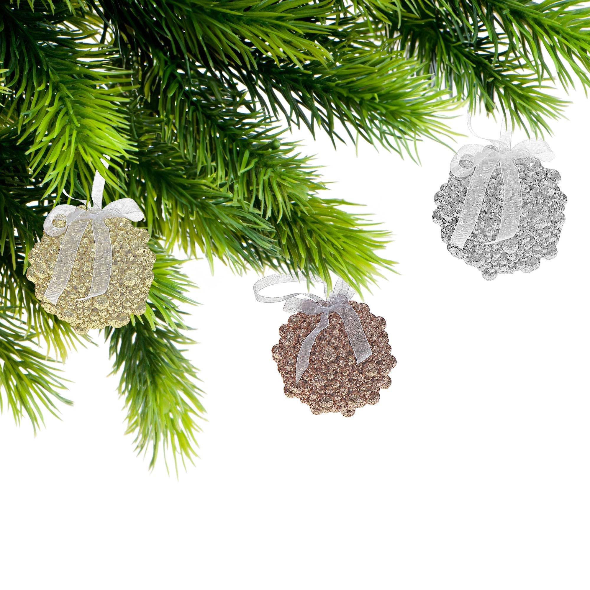 Glitter Beaded Ball Ornaments, Assorted Christmas Tree Decorations, Sparkling Holiday Ornaments, Set of 12
