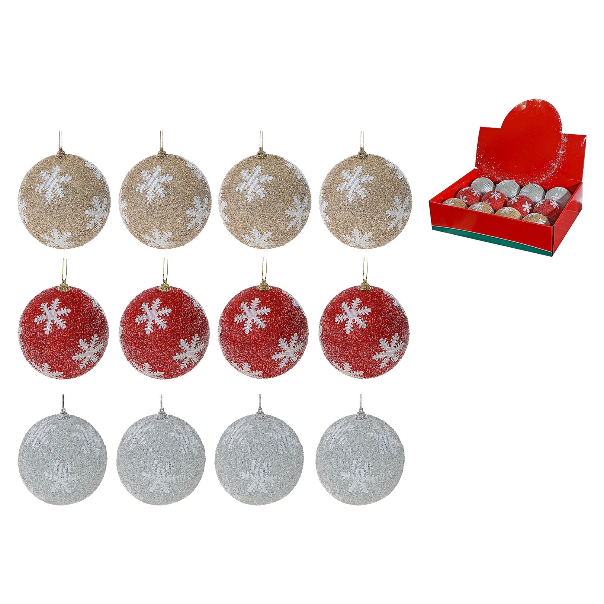 Glitter Snowflake Ball Ornaments, Assorted Christmas Tree Decorations, Sparkling Holiday Baubles, Set of 12