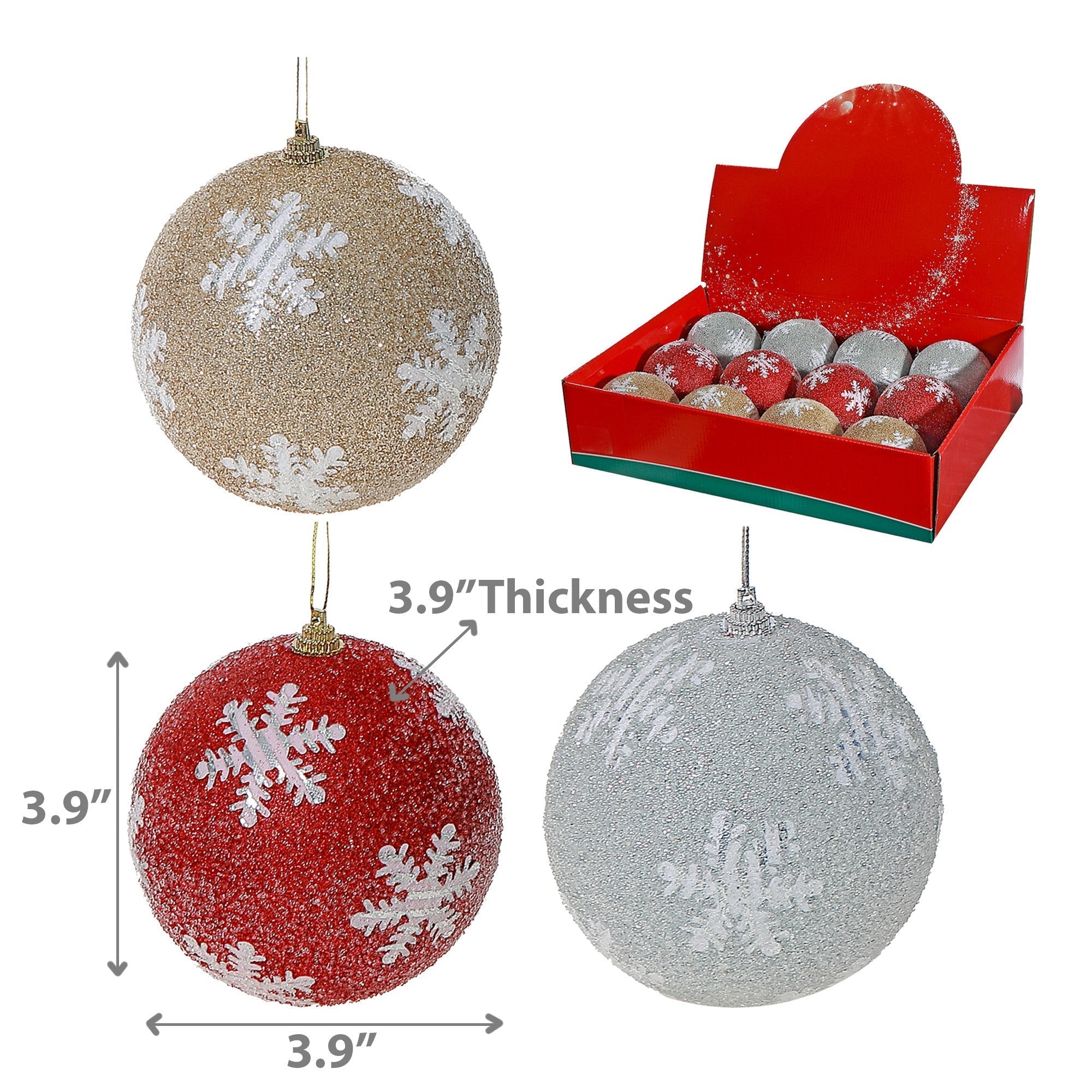 Glitter Snowflake Ball Ornaments, Assorted Christmas Tree Decorations, Sparkling Holiday Baubles, Set of 12