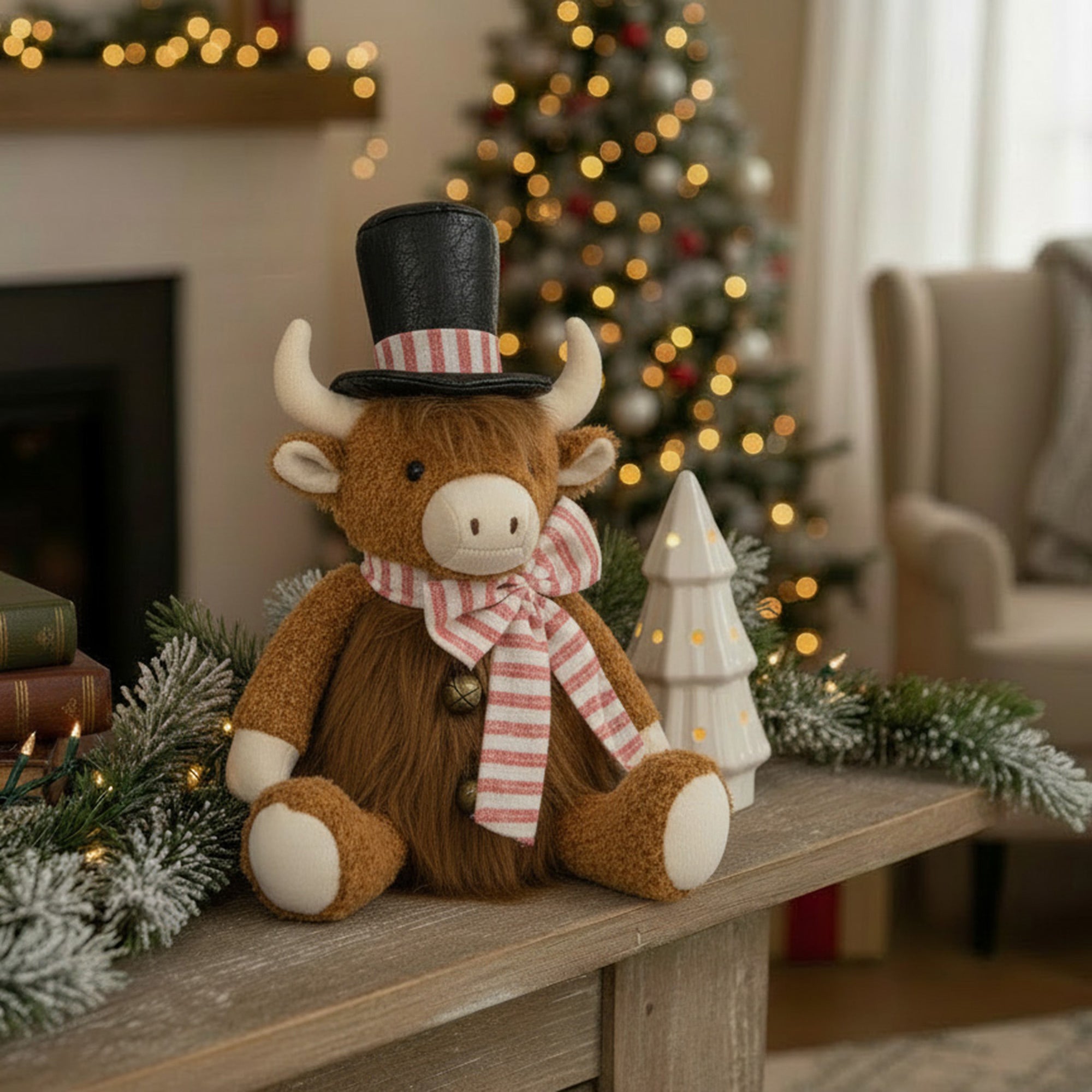 Highland Cow with Top Hat Plush Sitter 13.5", Plush Figure, Holiday Decor