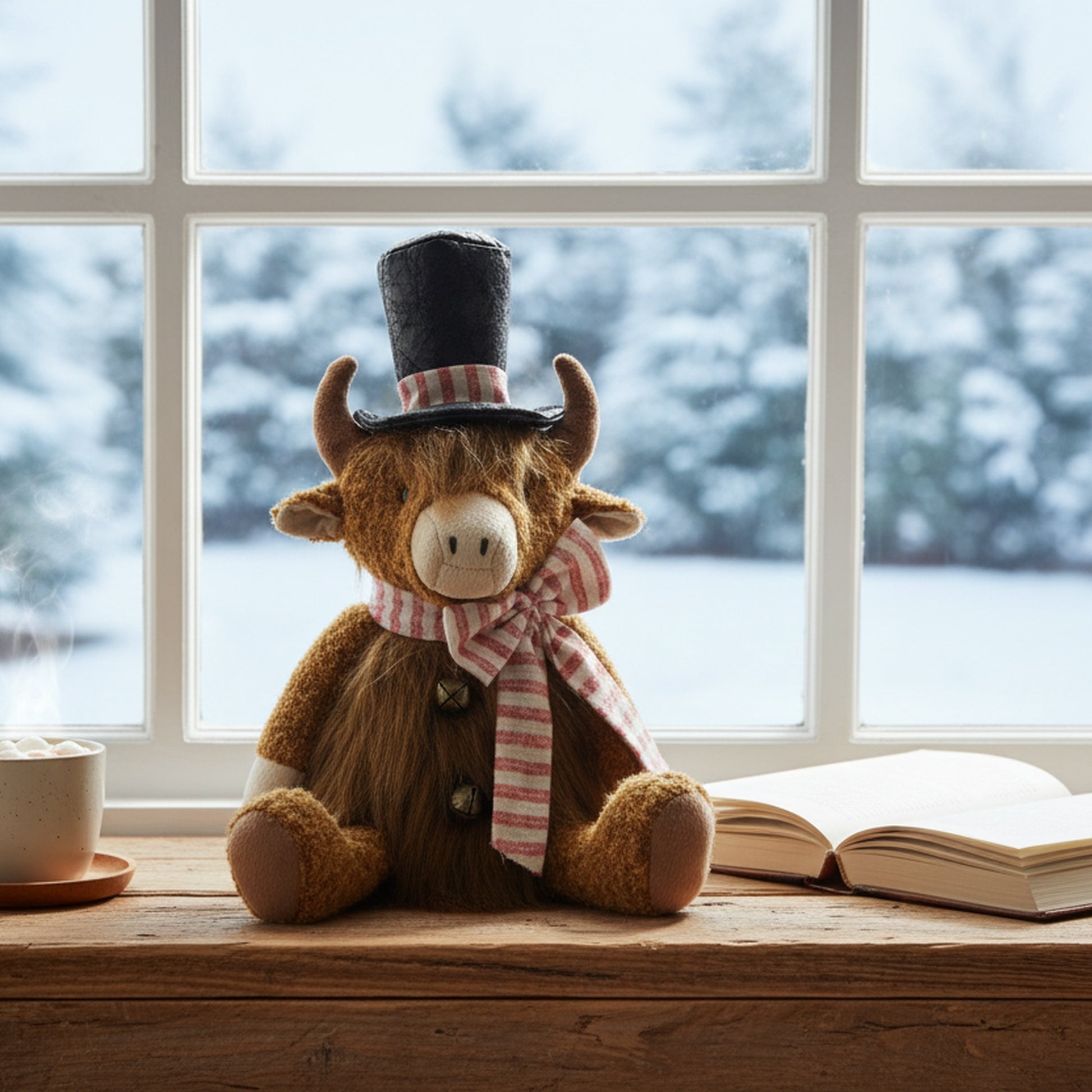 Highland Cow with Top Hat Plush Sitter 13.5", Plush Figure, Holiday Decor
