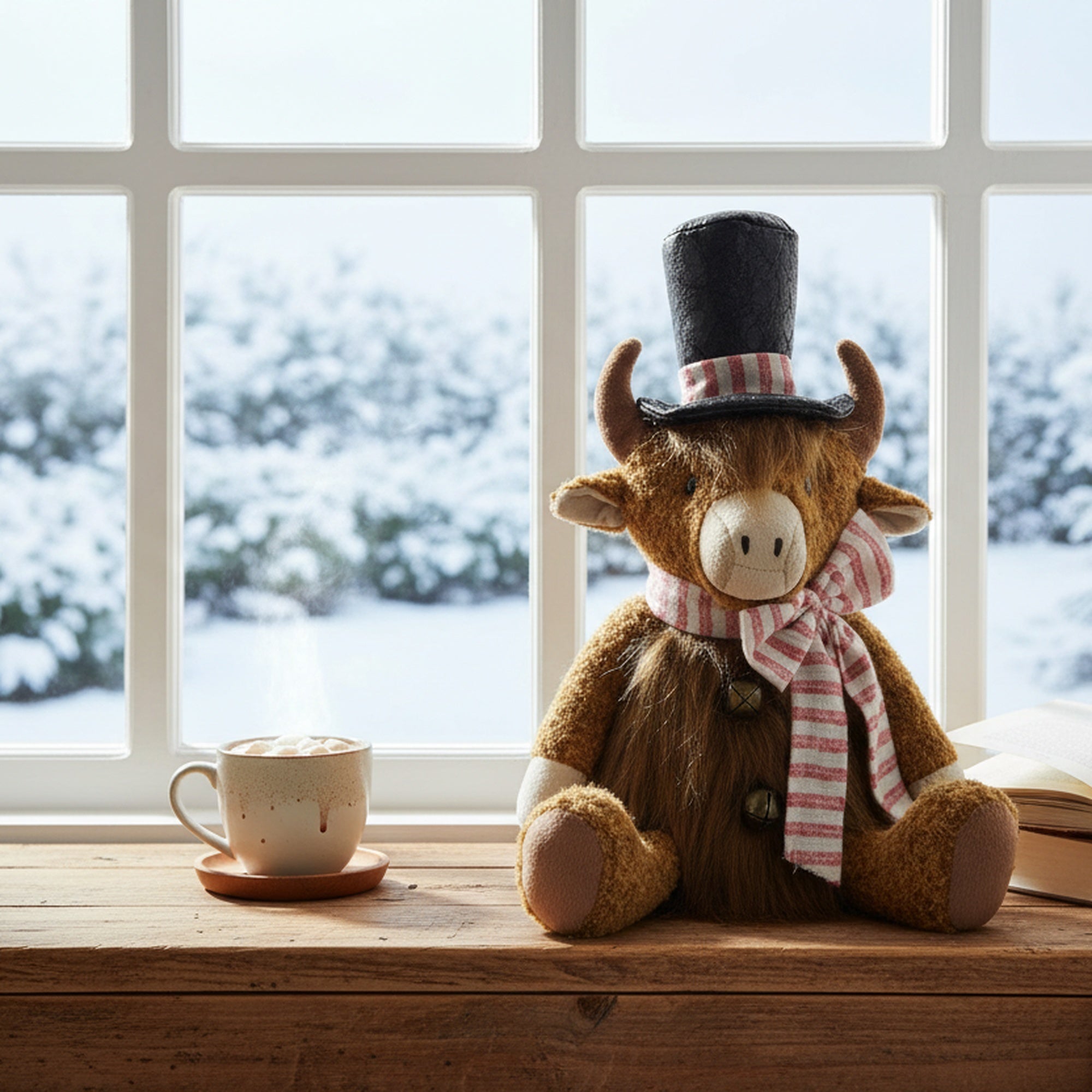 Highland Cow with Top Hat Plush Sitter 13.5", Plush Figure, Holiday Decor