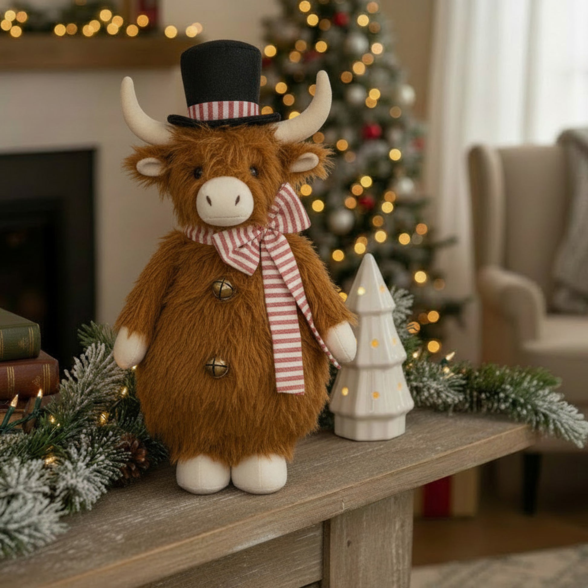 Highland Cow with Top Hat Plush Stander 17", Plush Figure, Holiday Decor