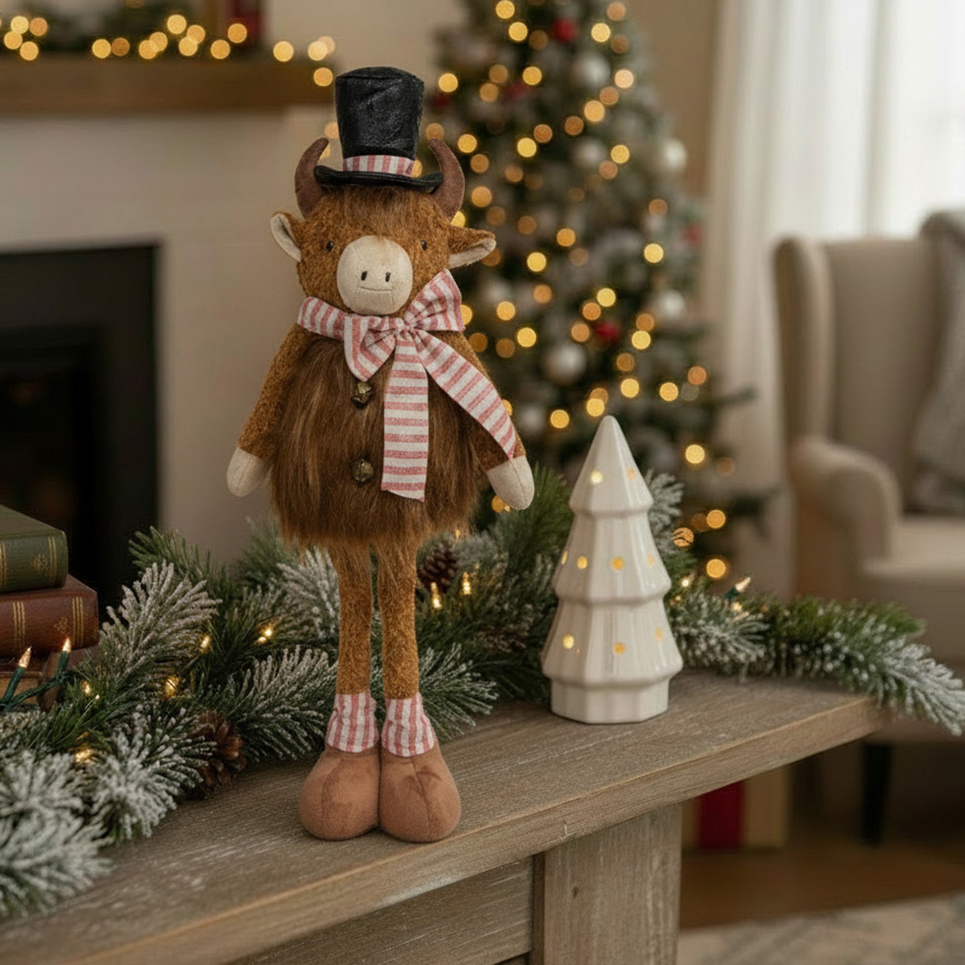 Highland Cow with Top Hat Plush Stander 29", Plush Figure, Holiday Decor