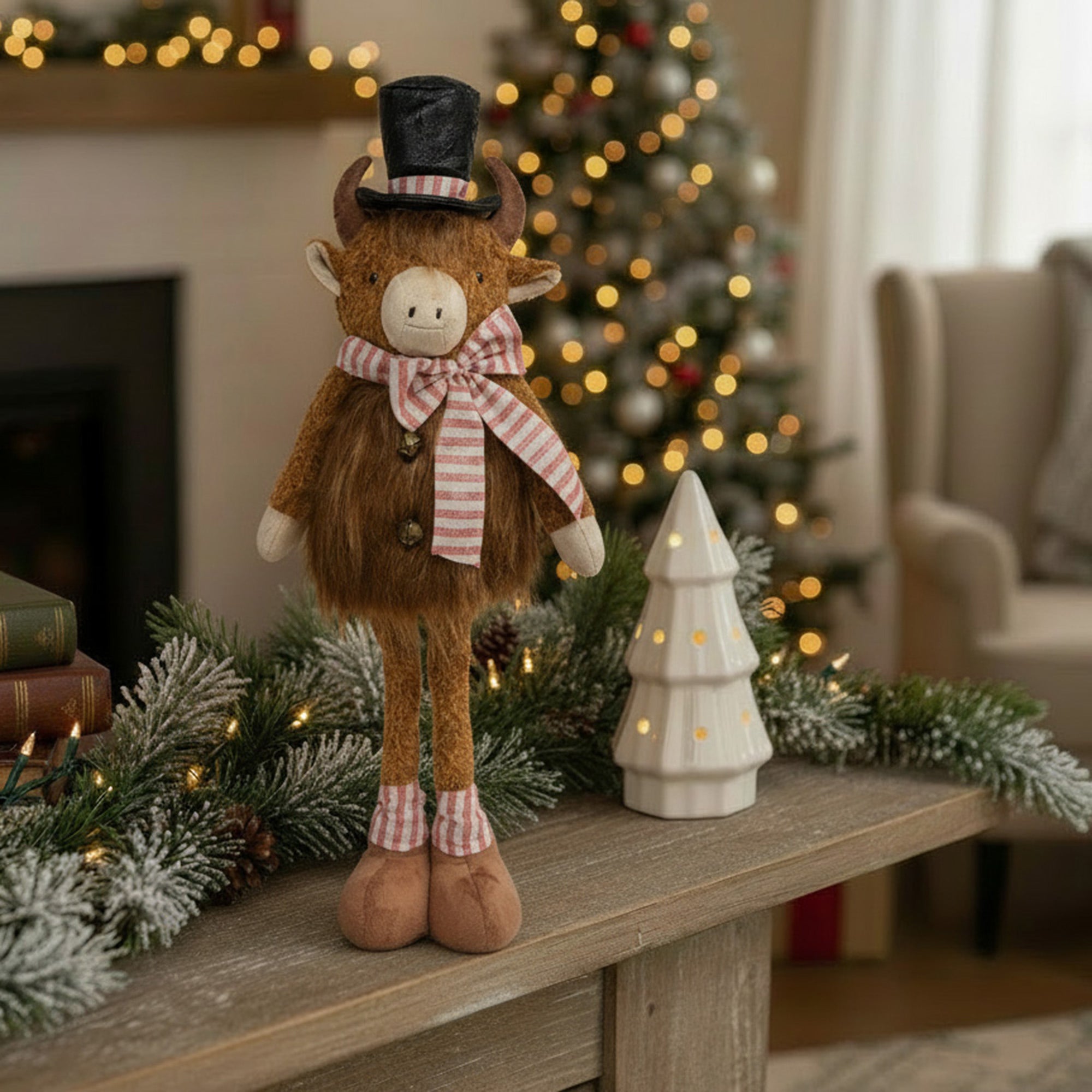 Highland Cow with Top Hat Plush Stander 29", Plush Figure, Holiday Decor