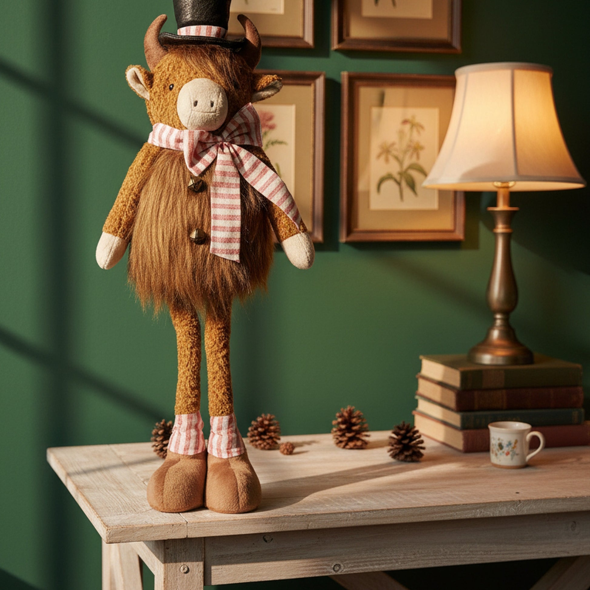 Highland Cow with Top Hat Plush Stander 29", Plush Figure, Holiday Decor