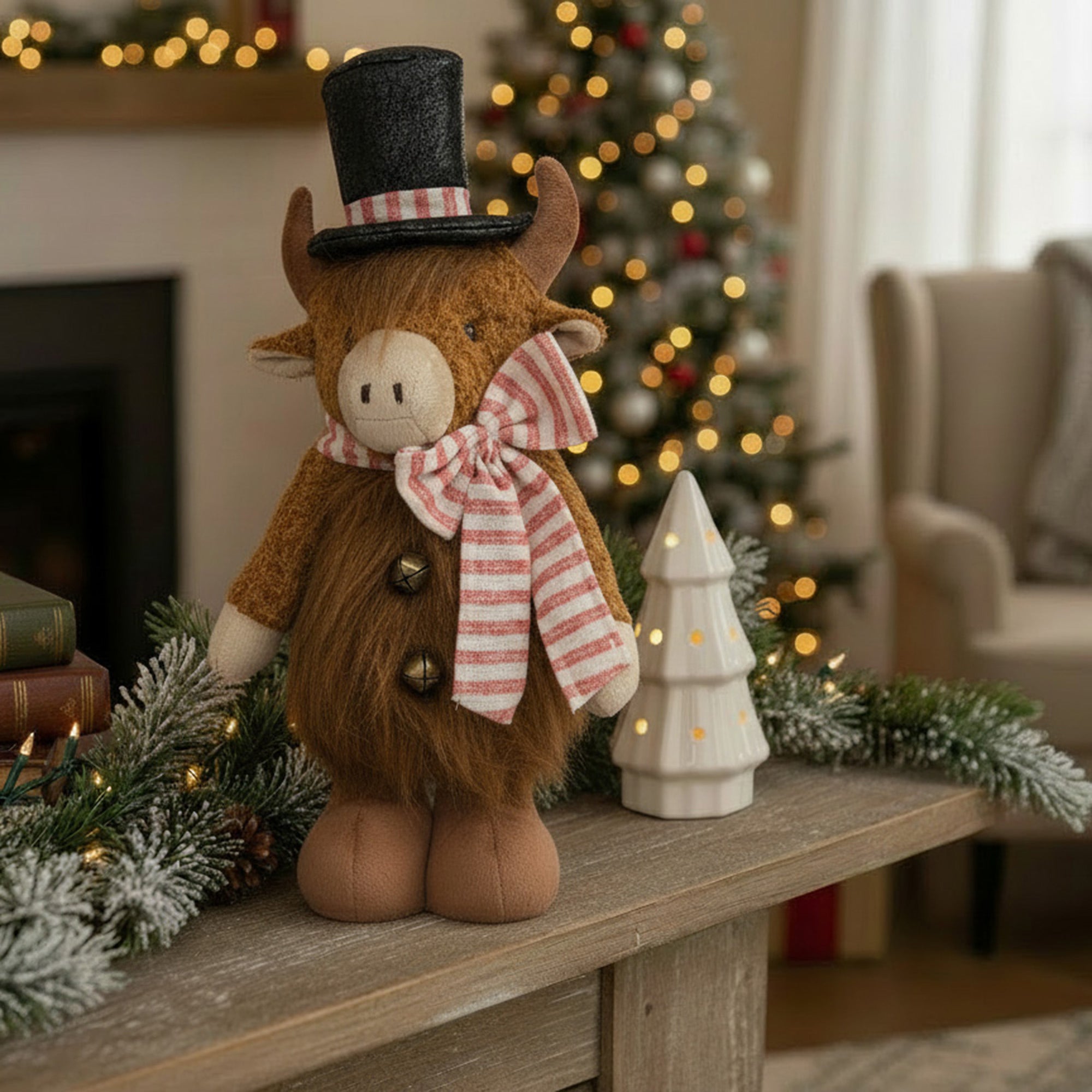 Highland Cow with Top Hat Plush Stander 33", Plush Figure, Holiday Decor