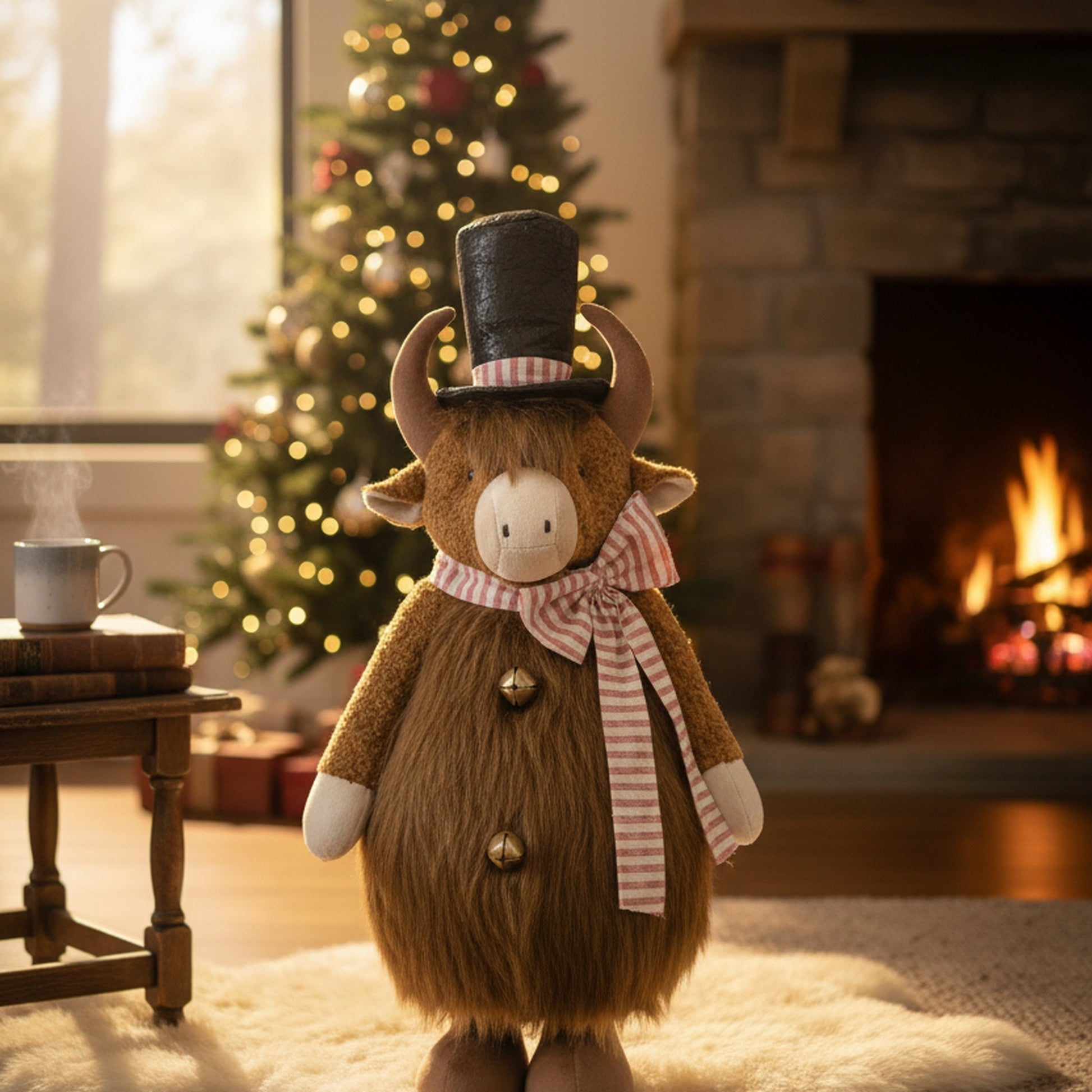 Highland Cow with Top Hat Plush Stander 33", Plush Figure, Holiday Decor