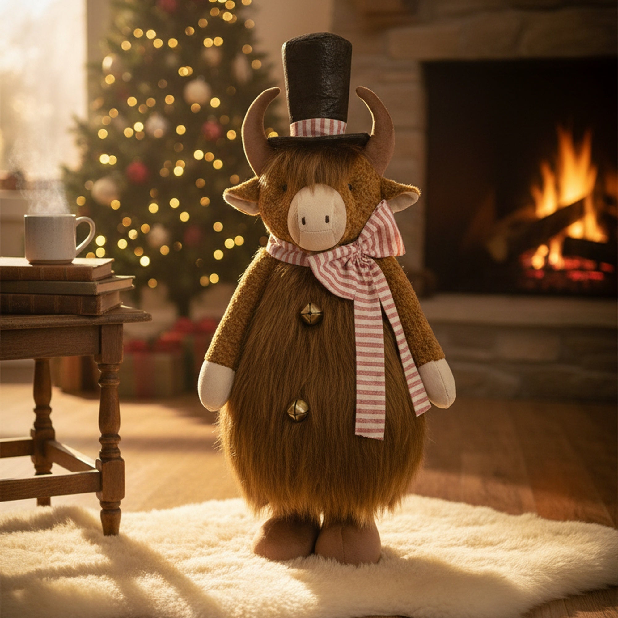 Highland Cow with Top Hat Plush Stander 33", Plush Figure, Holiday Decor