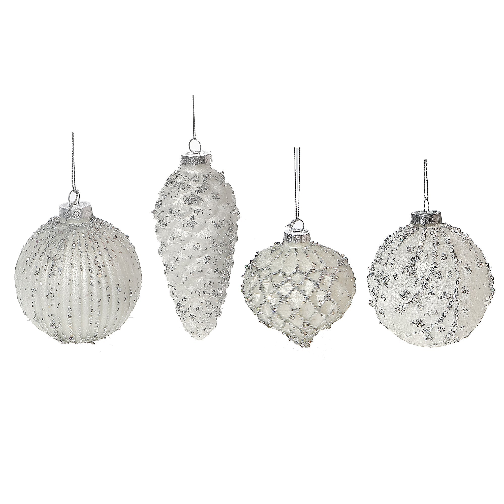 White Glass Christmas Ornament with Silver Glitter Set of 12 – Holiday Tree Decoration