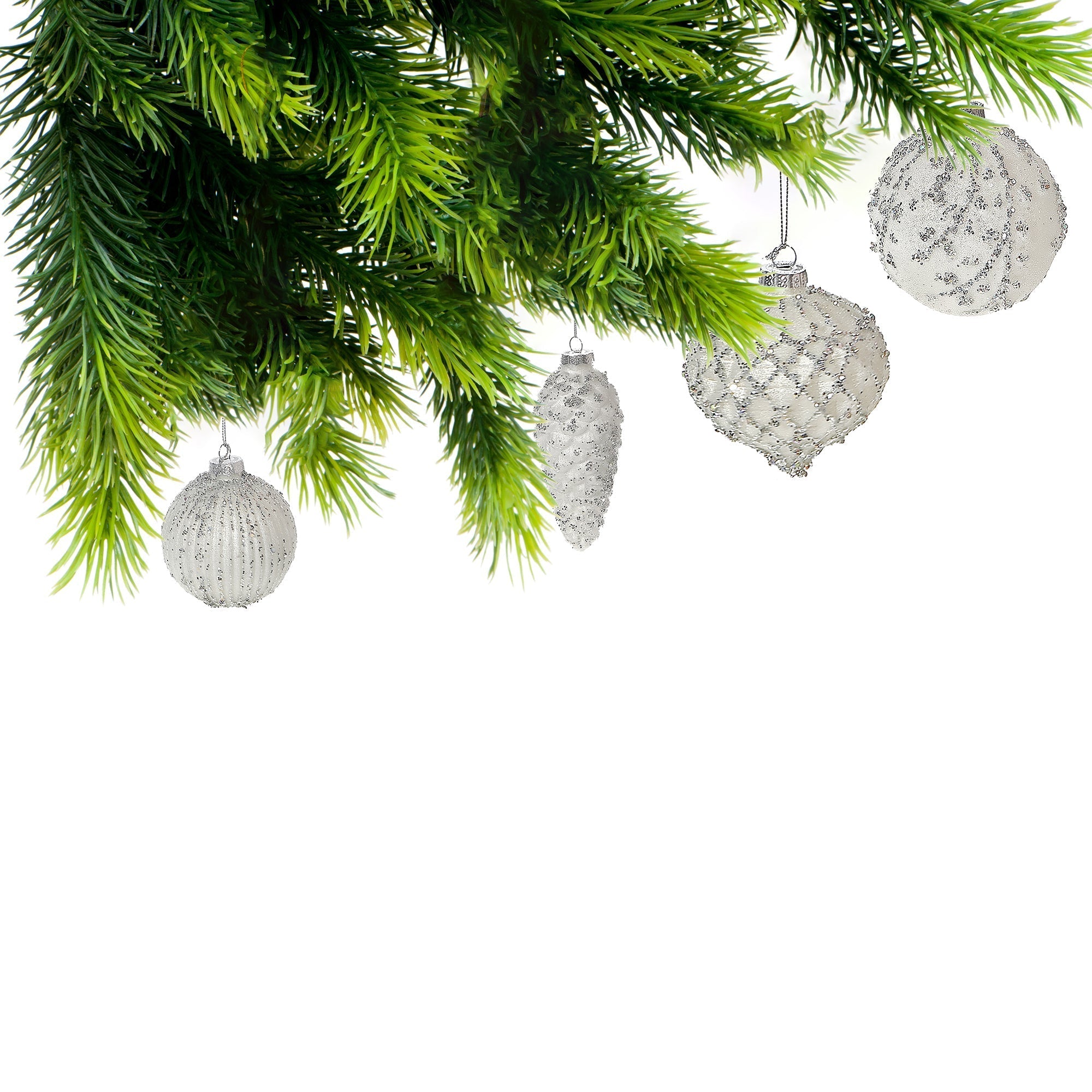 White Glass Christmas Ornament with Silver Glitter Set of 12 – Holiday Tree Decoration