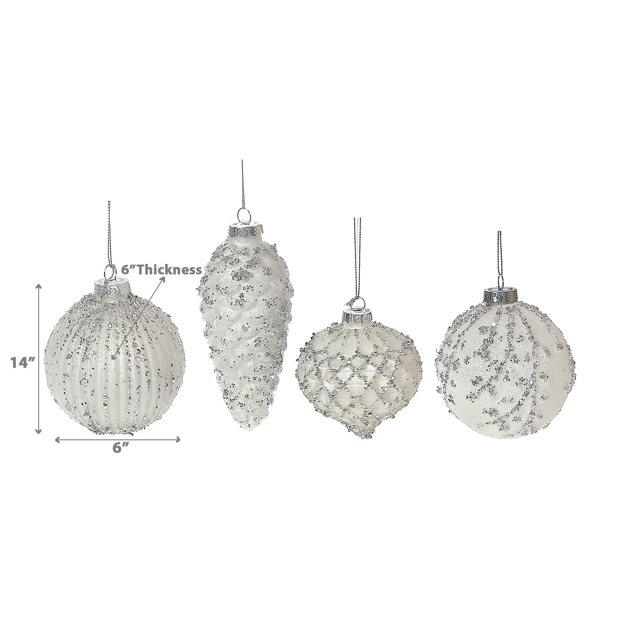 White Glass Christmas Ornament with Silver Glitter Set of 12 – Holiday Tree Decoration