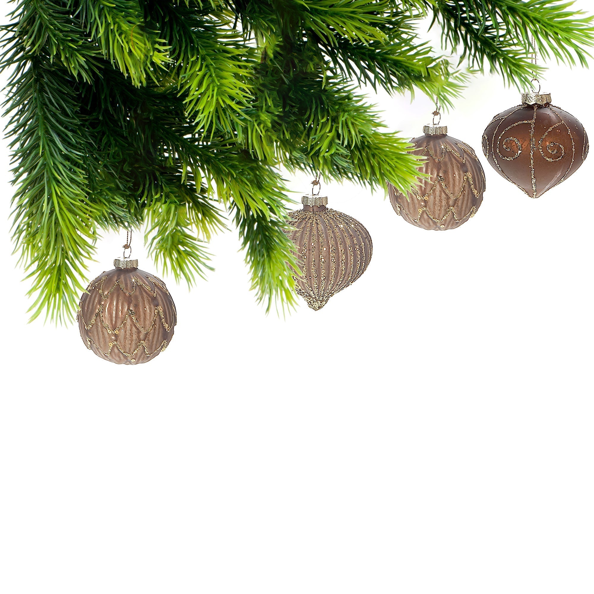 Brown Glass Christmas Ornament with Gold Glitter Set of 12 – Holiday Tree Decoration