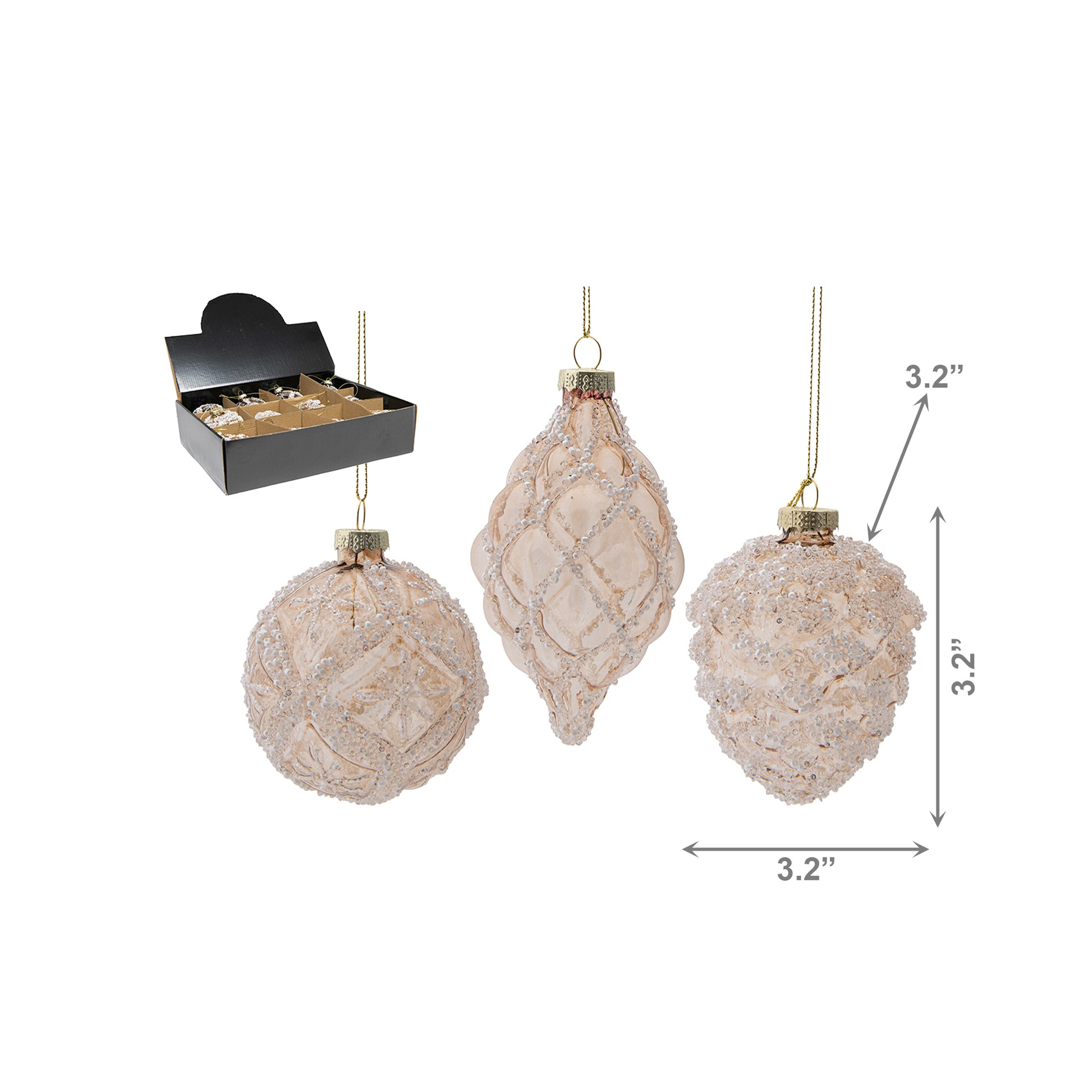 Glass Ornament with Beads Champagne Assorted, Ornament, Holiday Decor- Set of 12